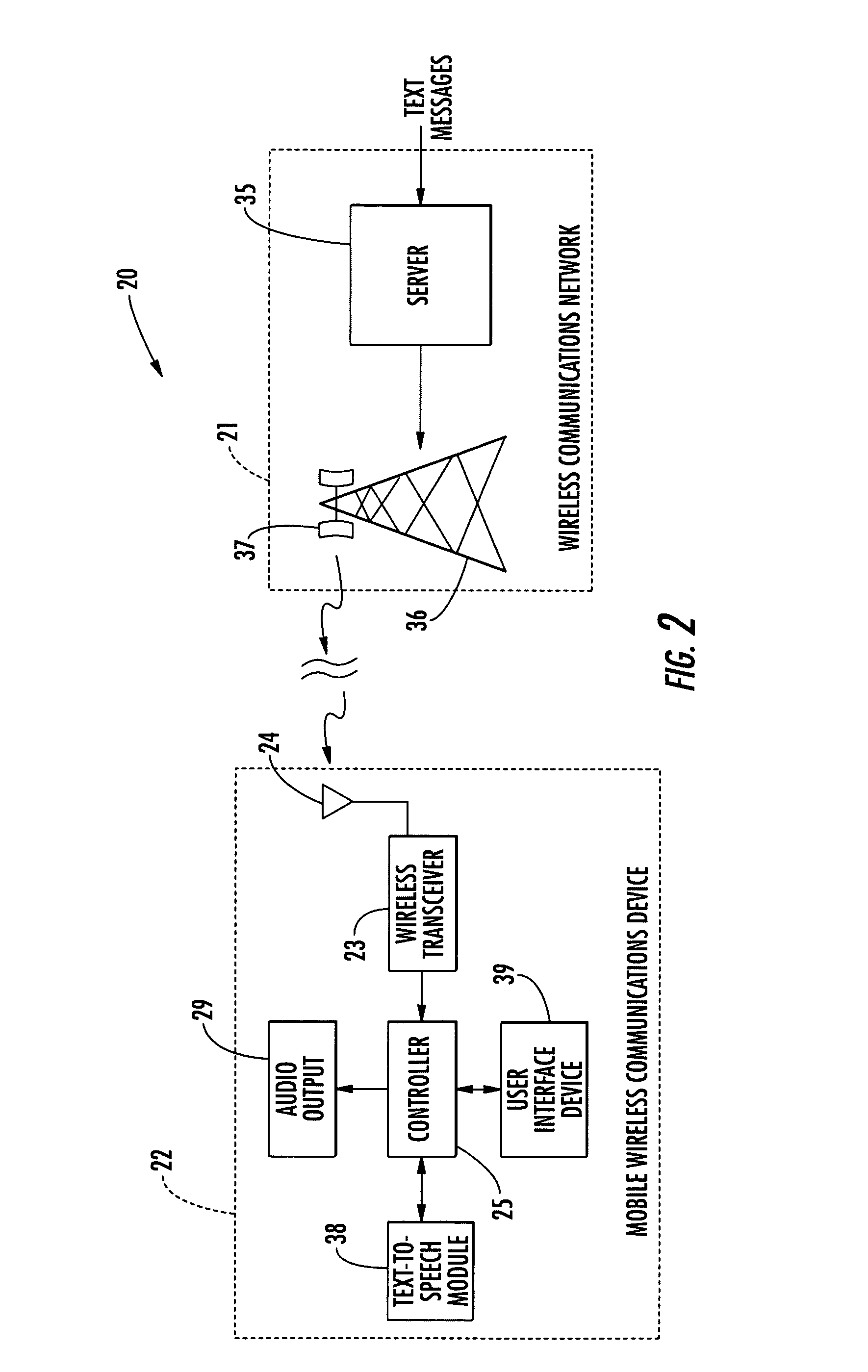 Communications system providing text-to-speech message conversion features using audio filter parameters and related methods