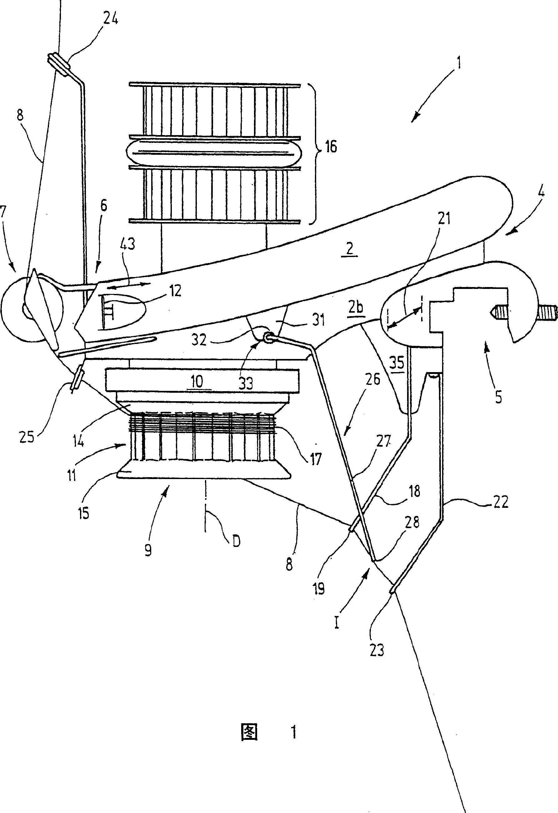 Thread feeding device comprising spring stop for thread detecting