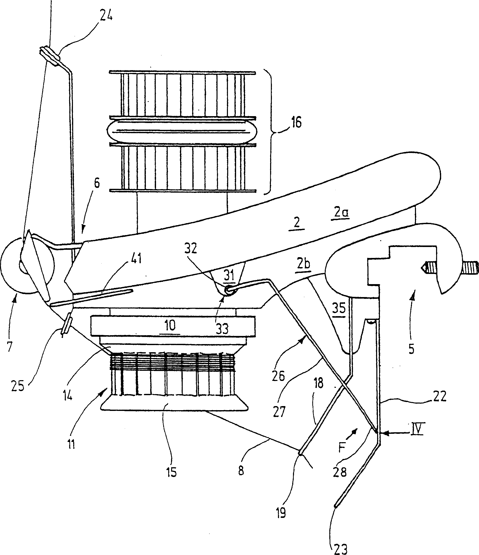Thread feeding device comprising spring stop for thread detecting
