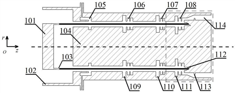 A high-order mode coaxial output cavity with microwave extraction on the inside and electron collection on the outside