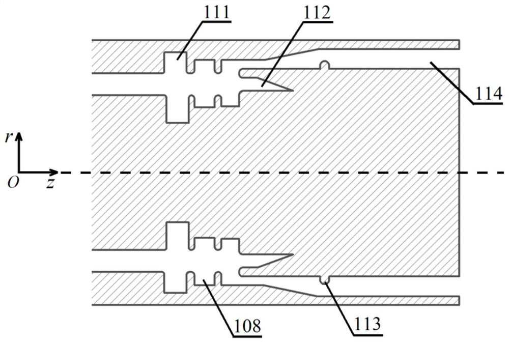 A high-order mode coaxial output cavity with microwave extraction on the inside and electron collection on the outside