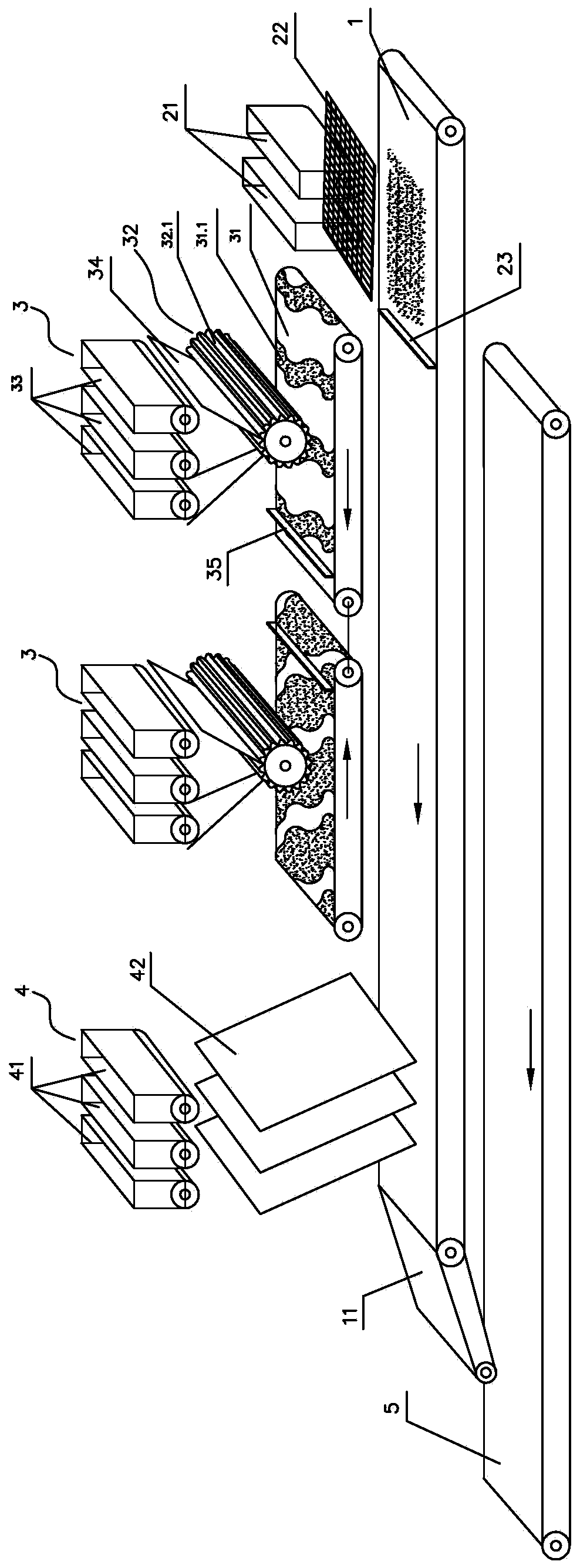 Material distribution method and system for production of canyon lava flow layer imitation ceramic tile