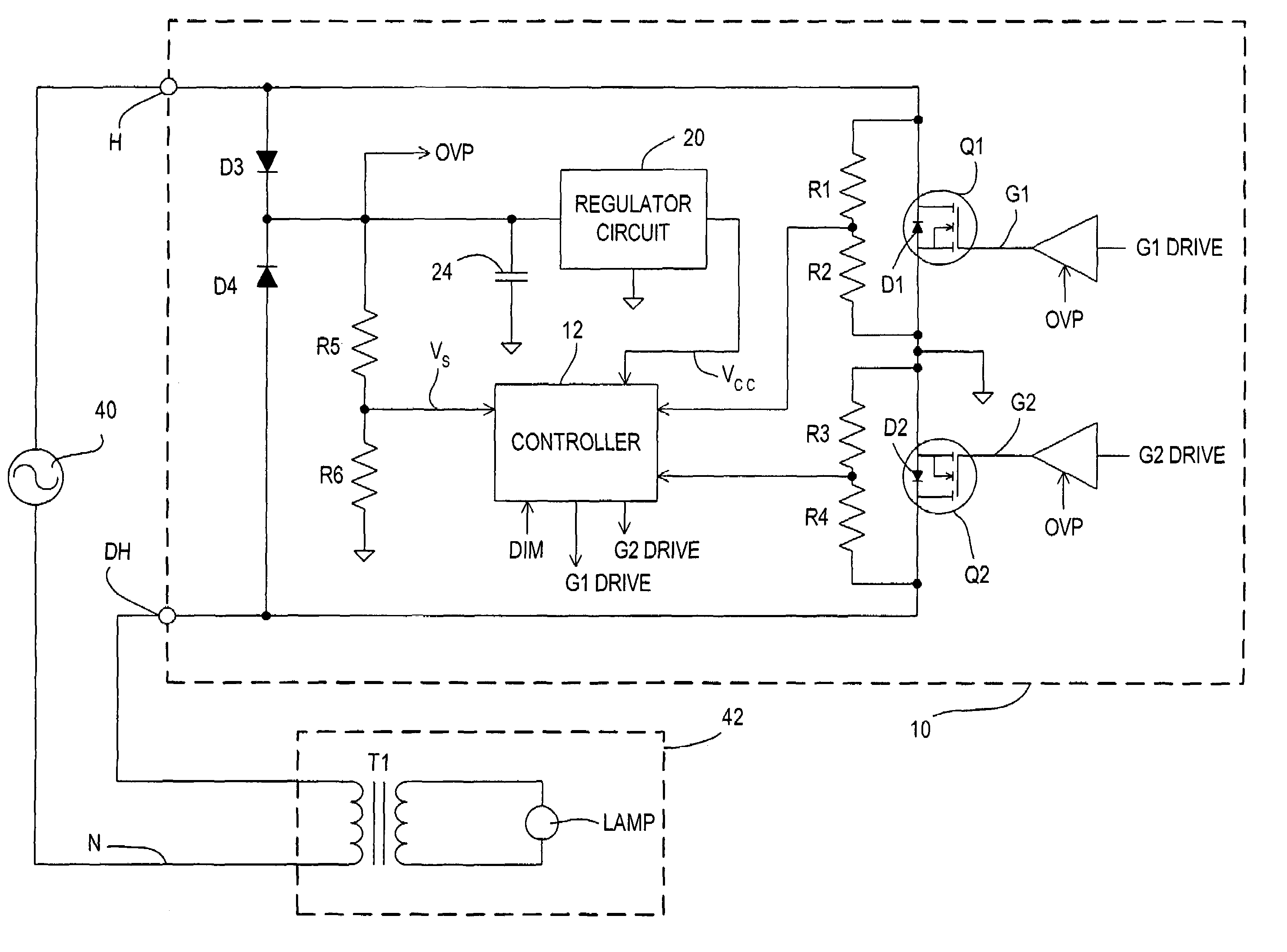 Two-wire dimmer with power supply and load protection circuit in the event of switch failure