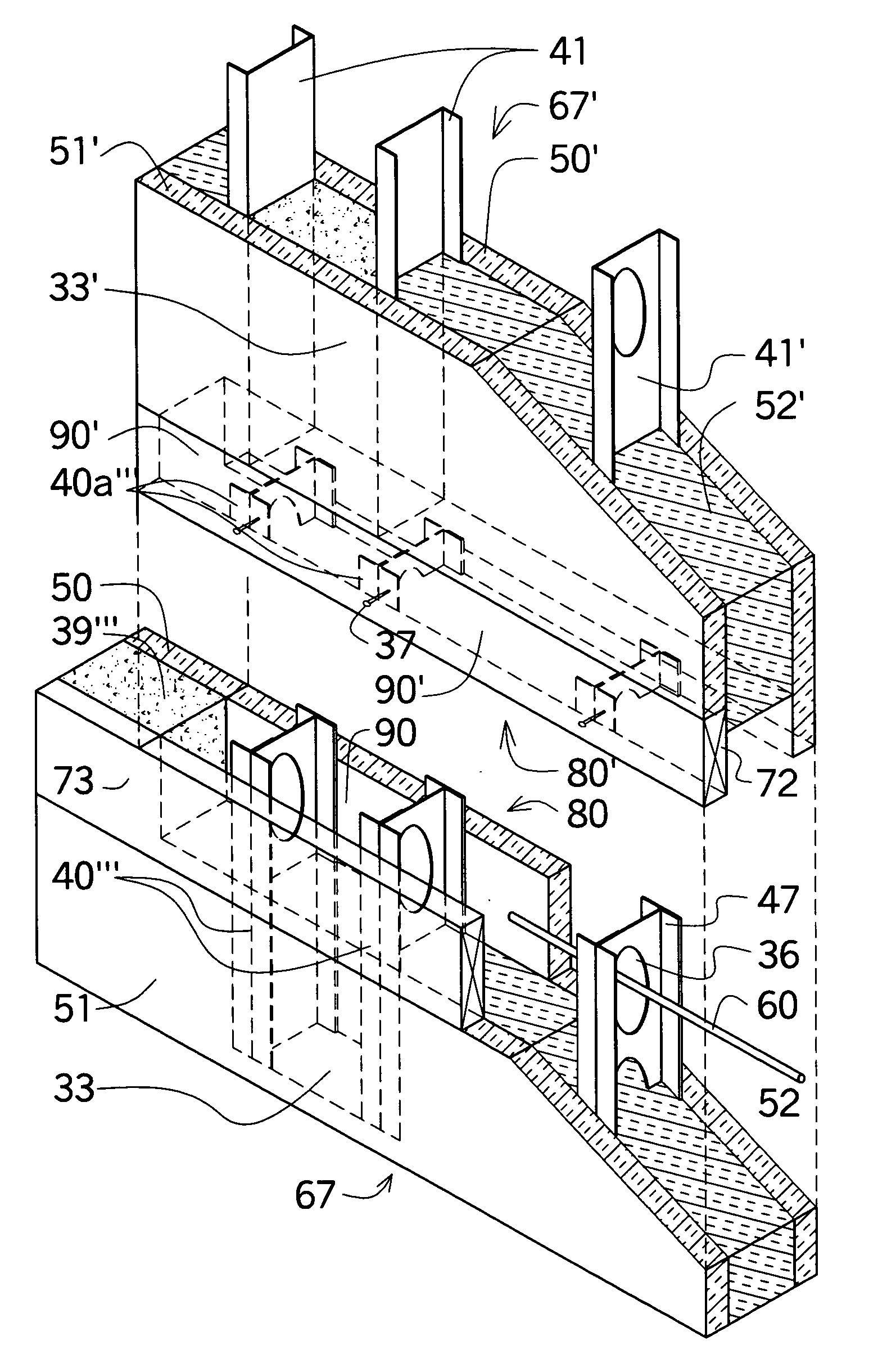 Building construction for forming columns and beams within a wall mold