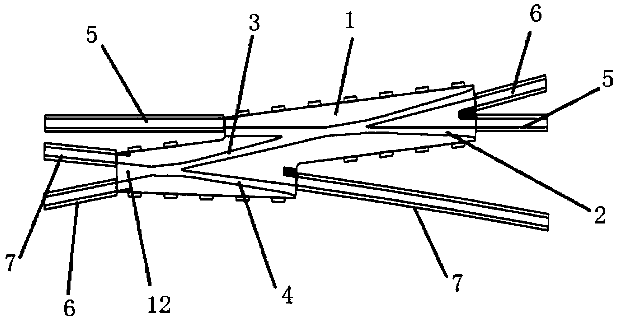 Alloy steel fork center of asymmetrically welded three-throw turnout of I-shaped rail