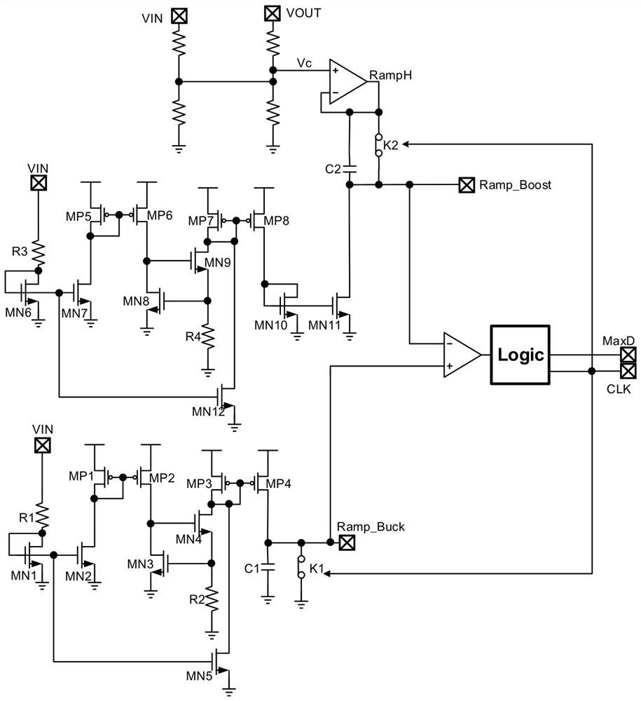 A buck-boost converter control circuit with mode switching
