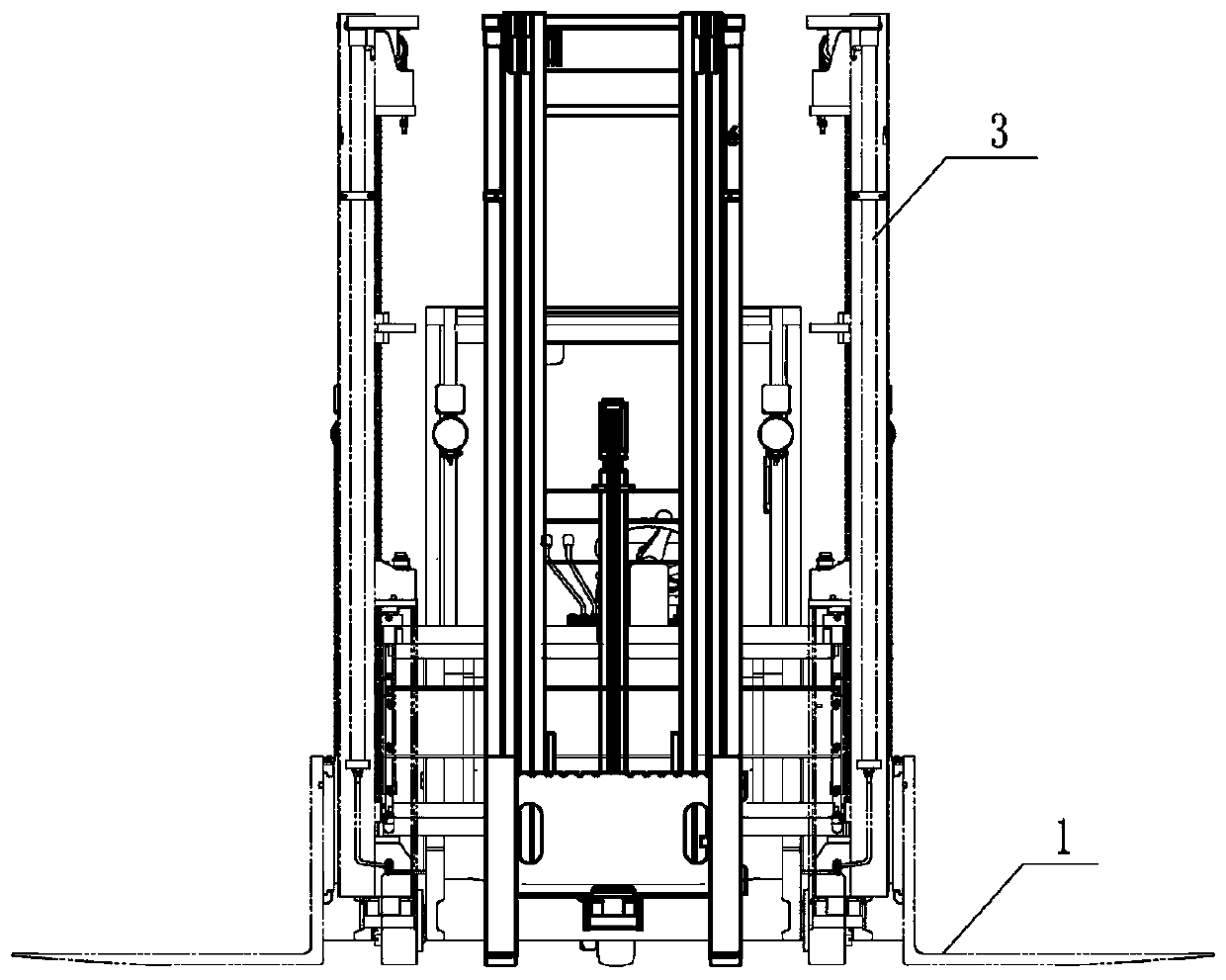 Three-way stacking forklift with portal capable of moving laterally and moving along with rotation