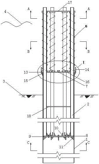 A steel pipe composite pile that reduces wave force and seawater corrosion