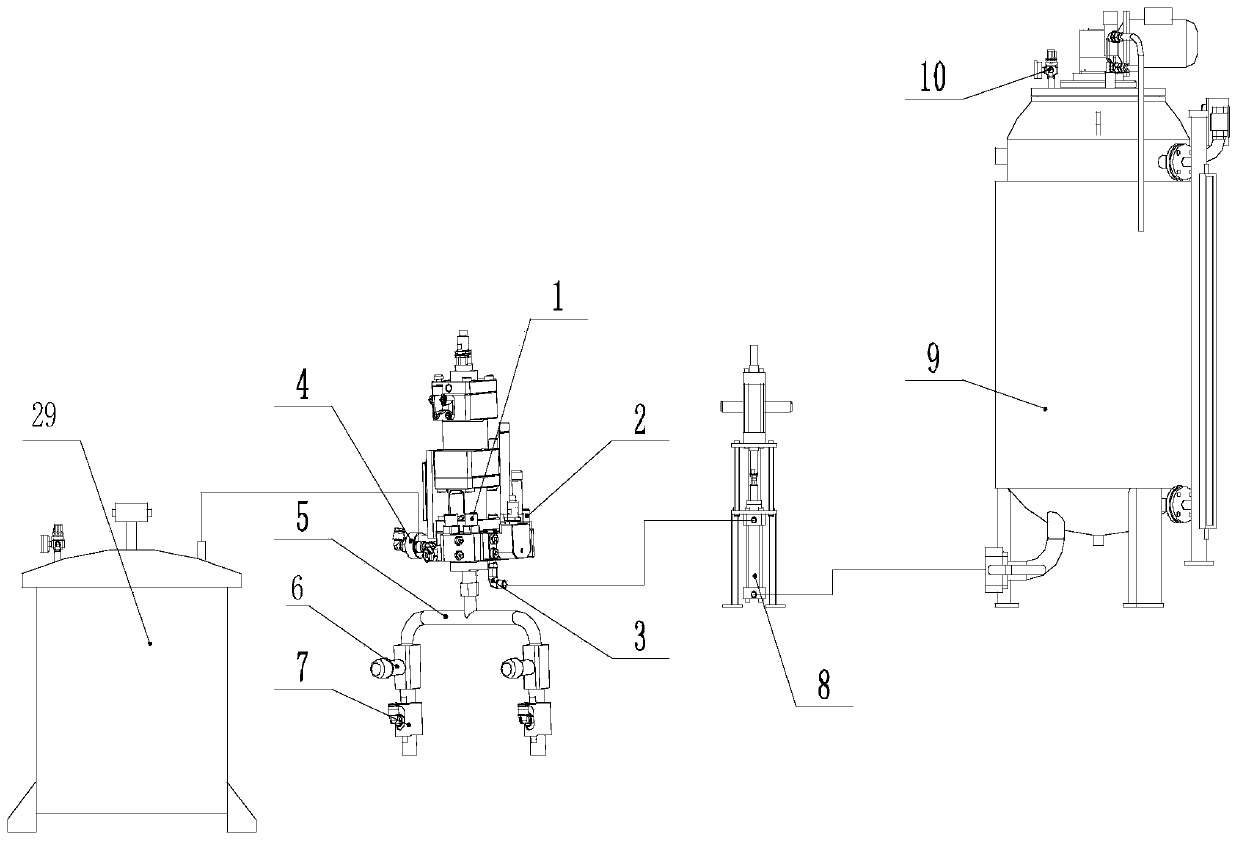 Drying-free multi-gun head double-channel pouring equipment for polyurethane ballast bed curing