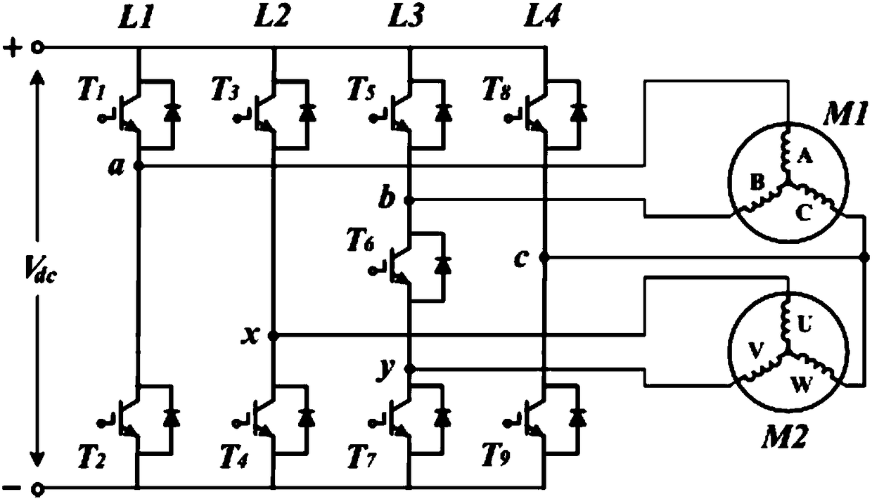 Dual-three-phase motor four-bridge arm inverter and control method thereof
