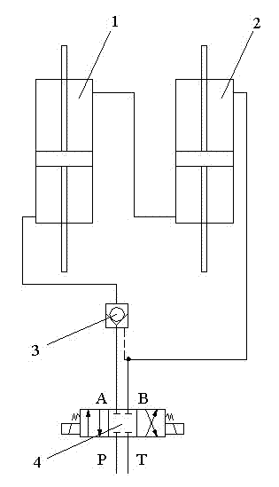 Double-cylinder synchronous hydraulic circuit with functions of supercharging and eliminating accumulated error