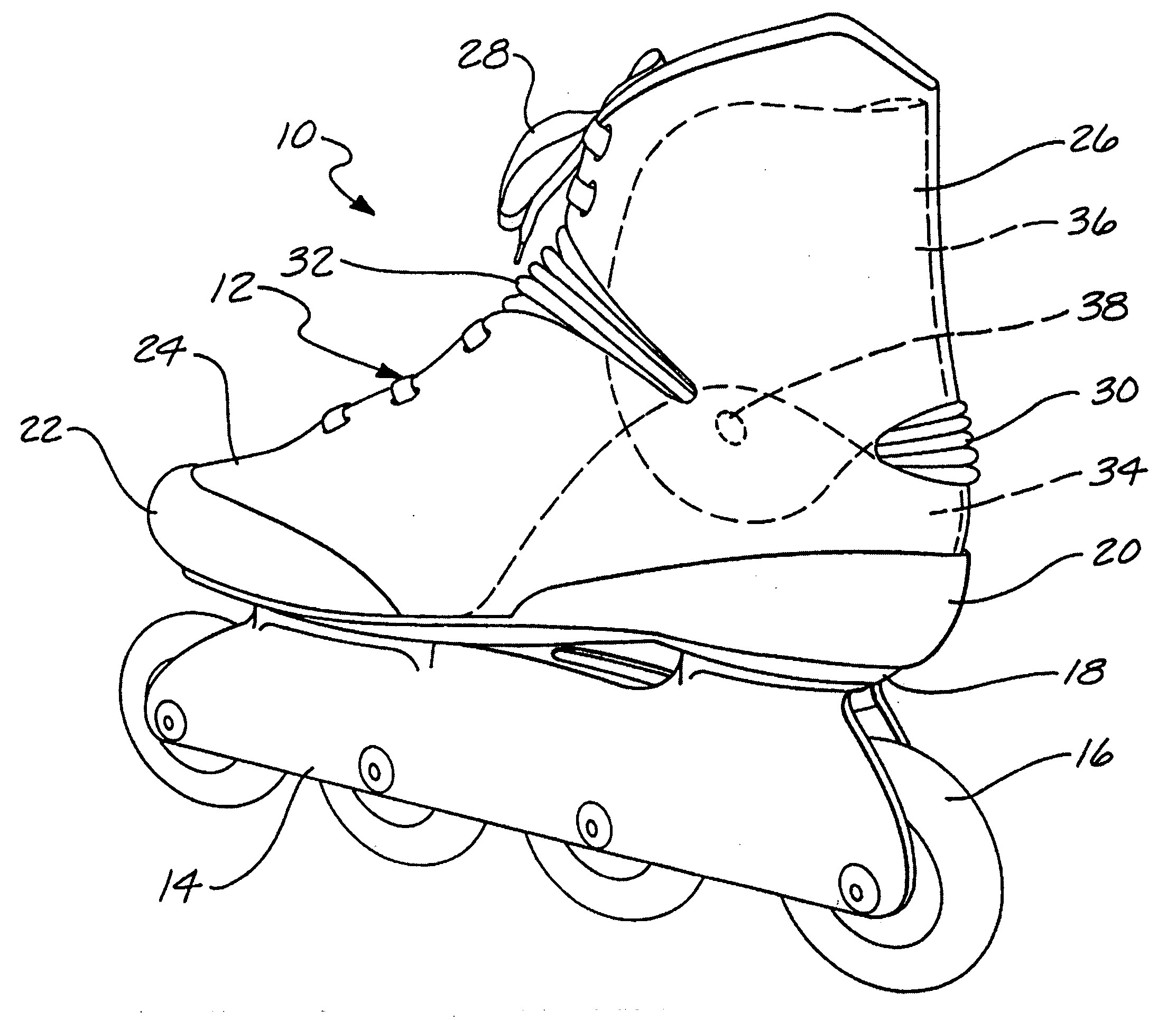In-line roller skate with internal support and external ankle cuff