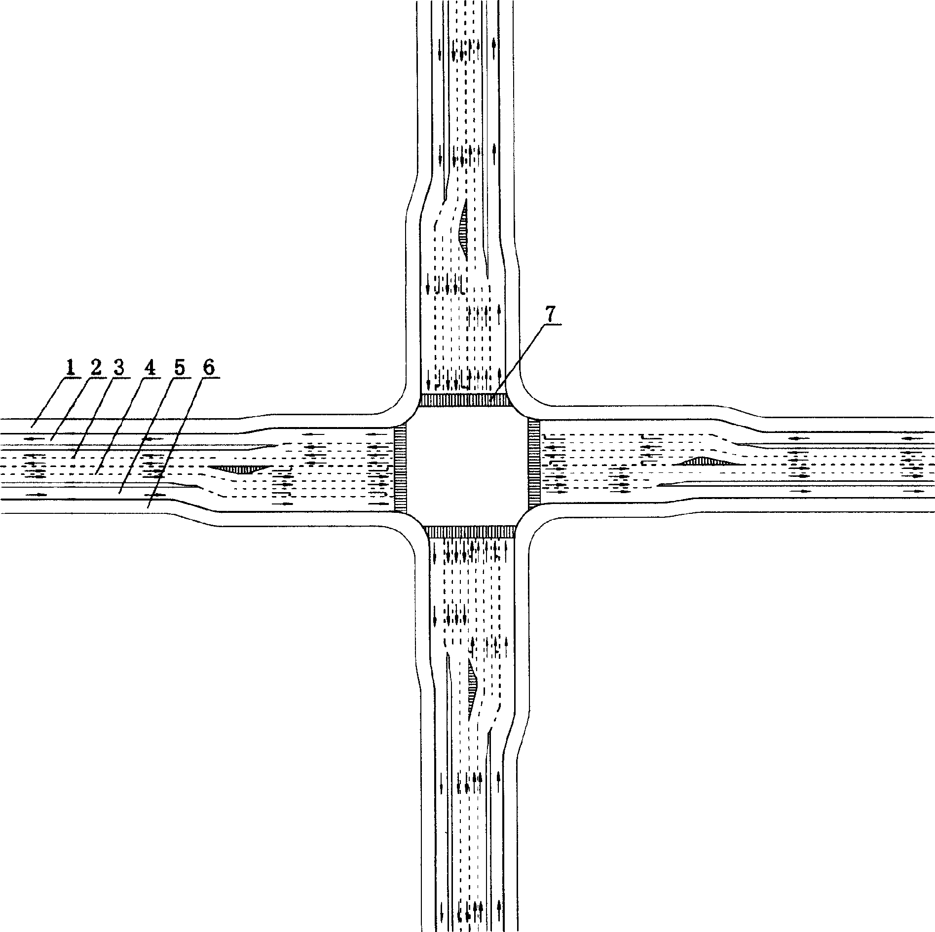Improvement method for traffic organization of three-lane road and crossing