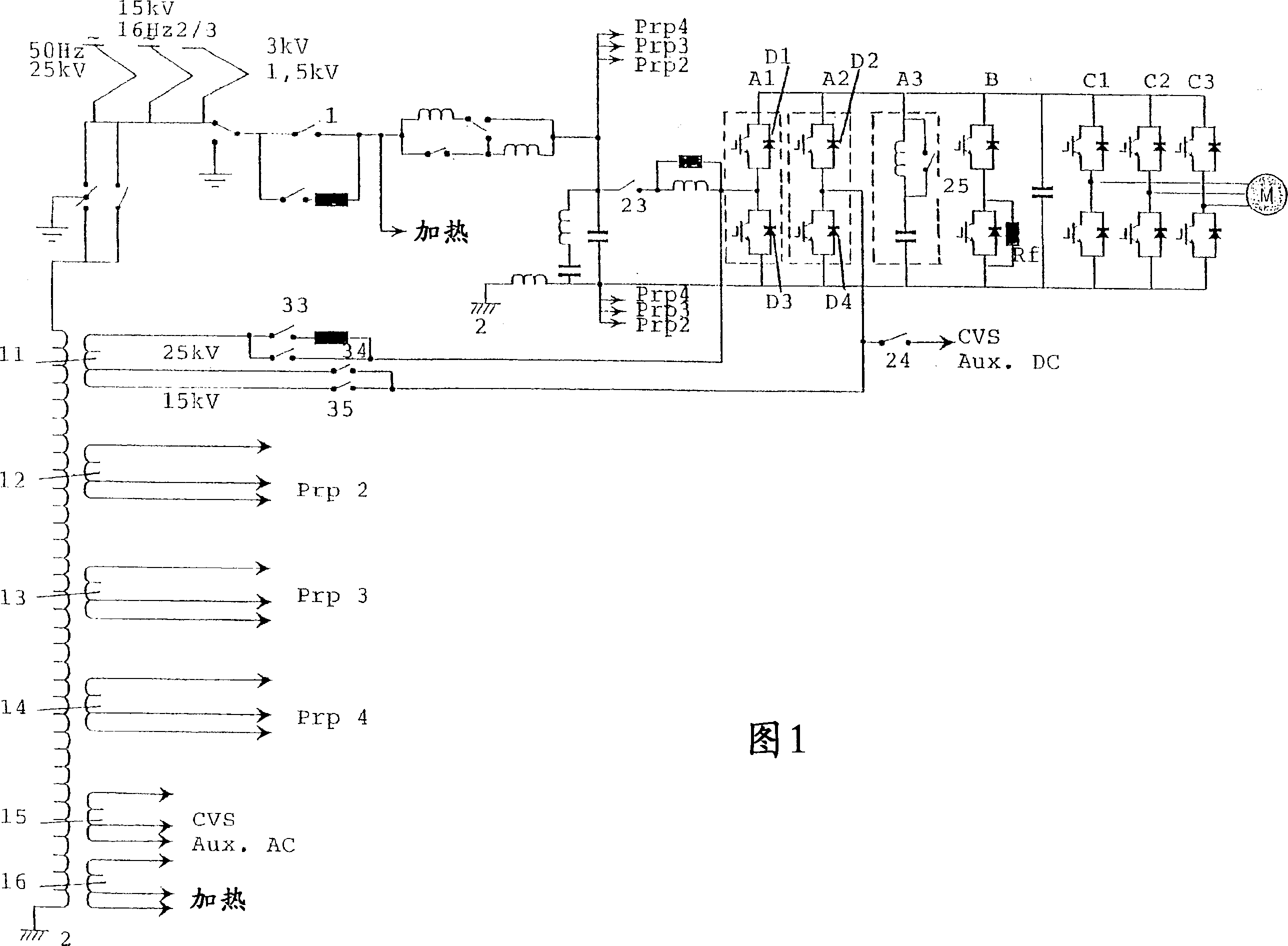 Multiple-voltage power supply for railway vehicle