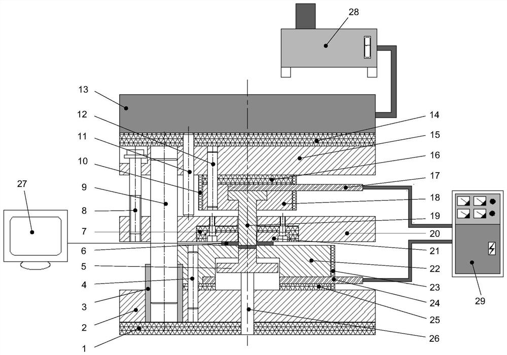 Warm fine blanking die based on current assistance and warm fine blanking method