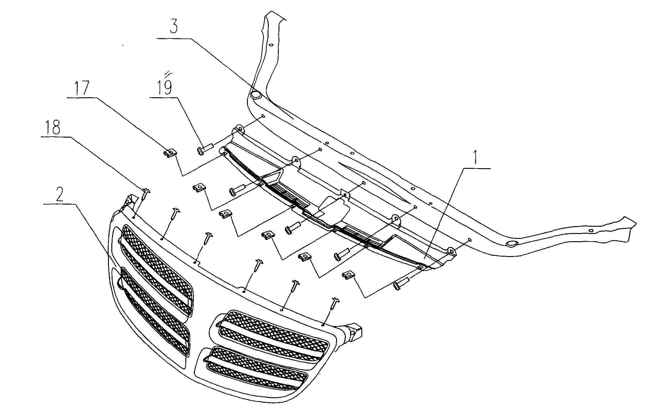 Connecting plate on rear part of front grille of automobile and front part structure of automobile for mounting connecting plate