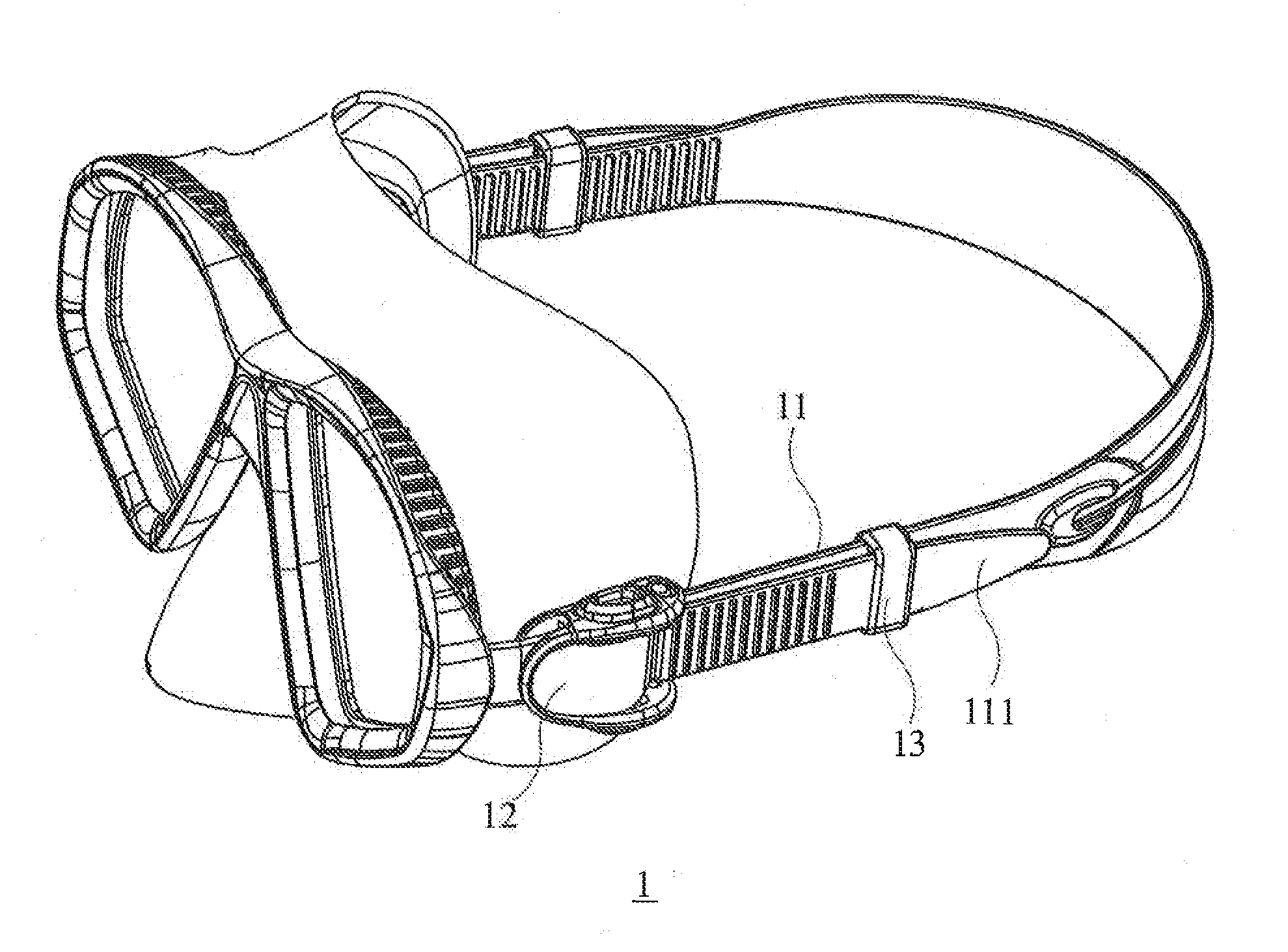 Adjusting strap, and swimming goggles and swim fins comprising the same