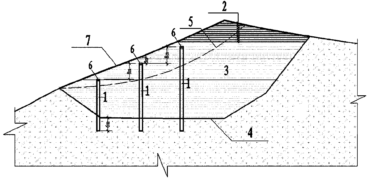 Slide-resistant pile and geogrid combined damaged mountain repair method and structure
