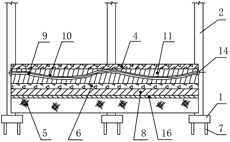 Method for preventing settling and cracking of terrace with large area by utilizing combined prestressing concrete beams at region with soft soil layer
