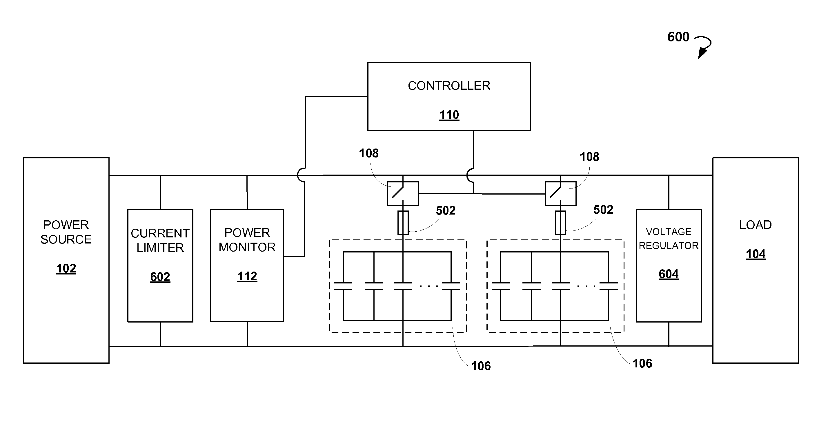 Switchable capacitor arrays for preventing power interruptions and extending backup power life