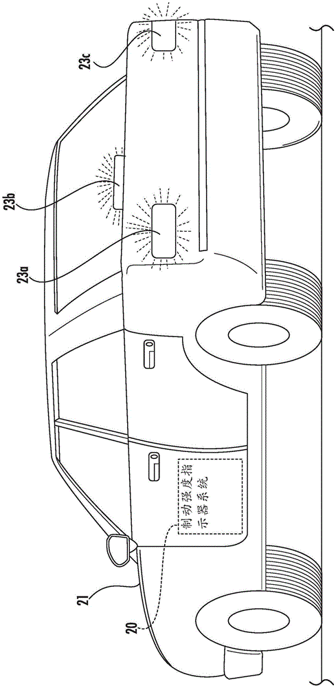 Braking intensity indicator system including selective adjustment of brake pedal light and related methods