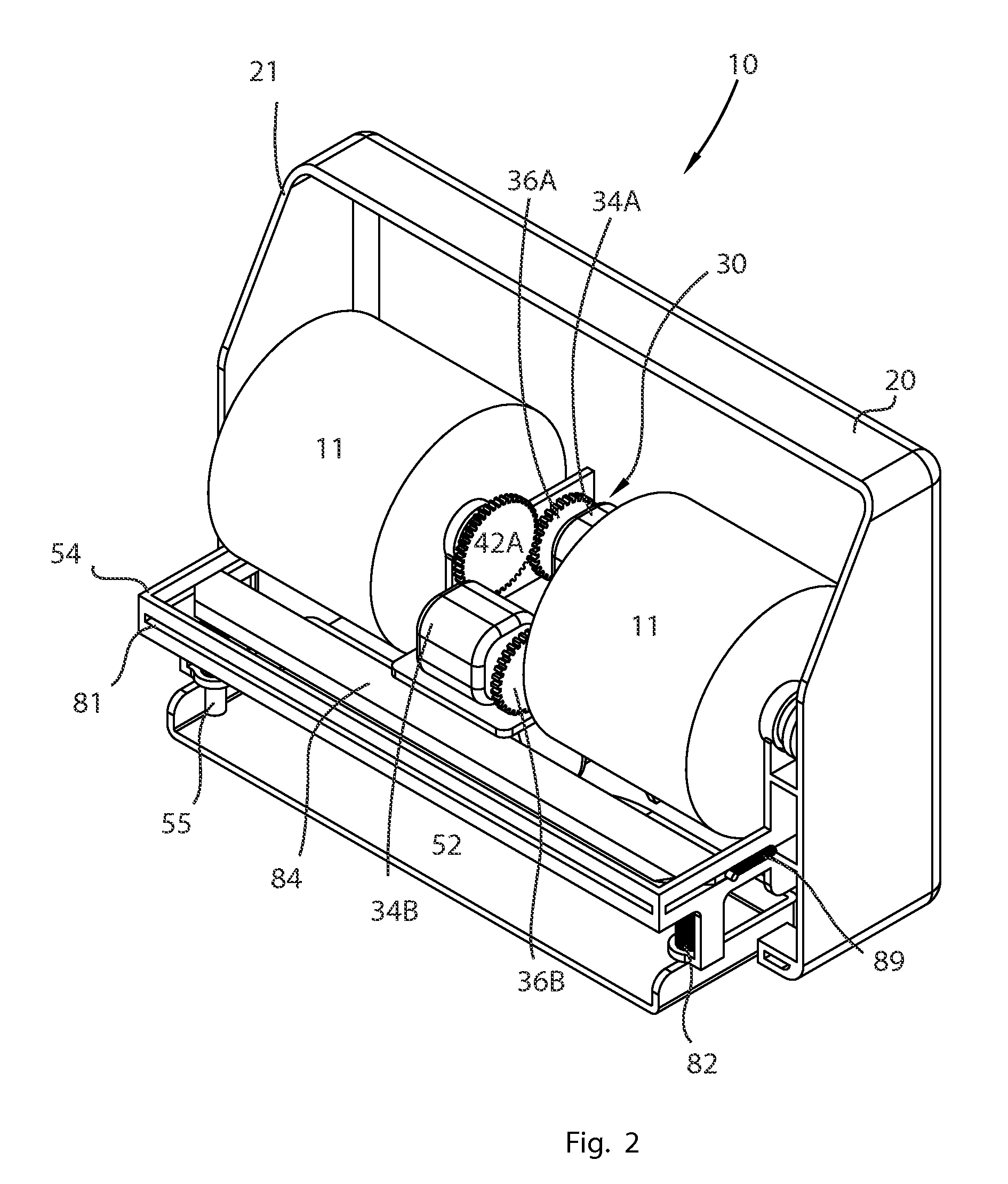 Power-operated toilet paper dispensing device and associated method