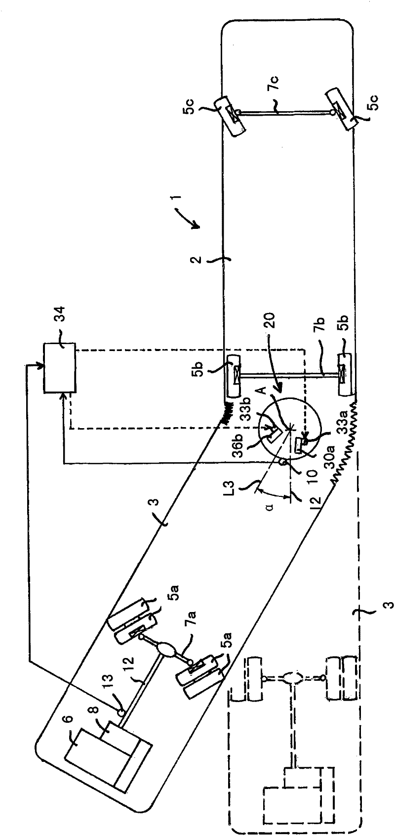 Damping system for articulated vehicle and method for regulating the damping force of such a damping system