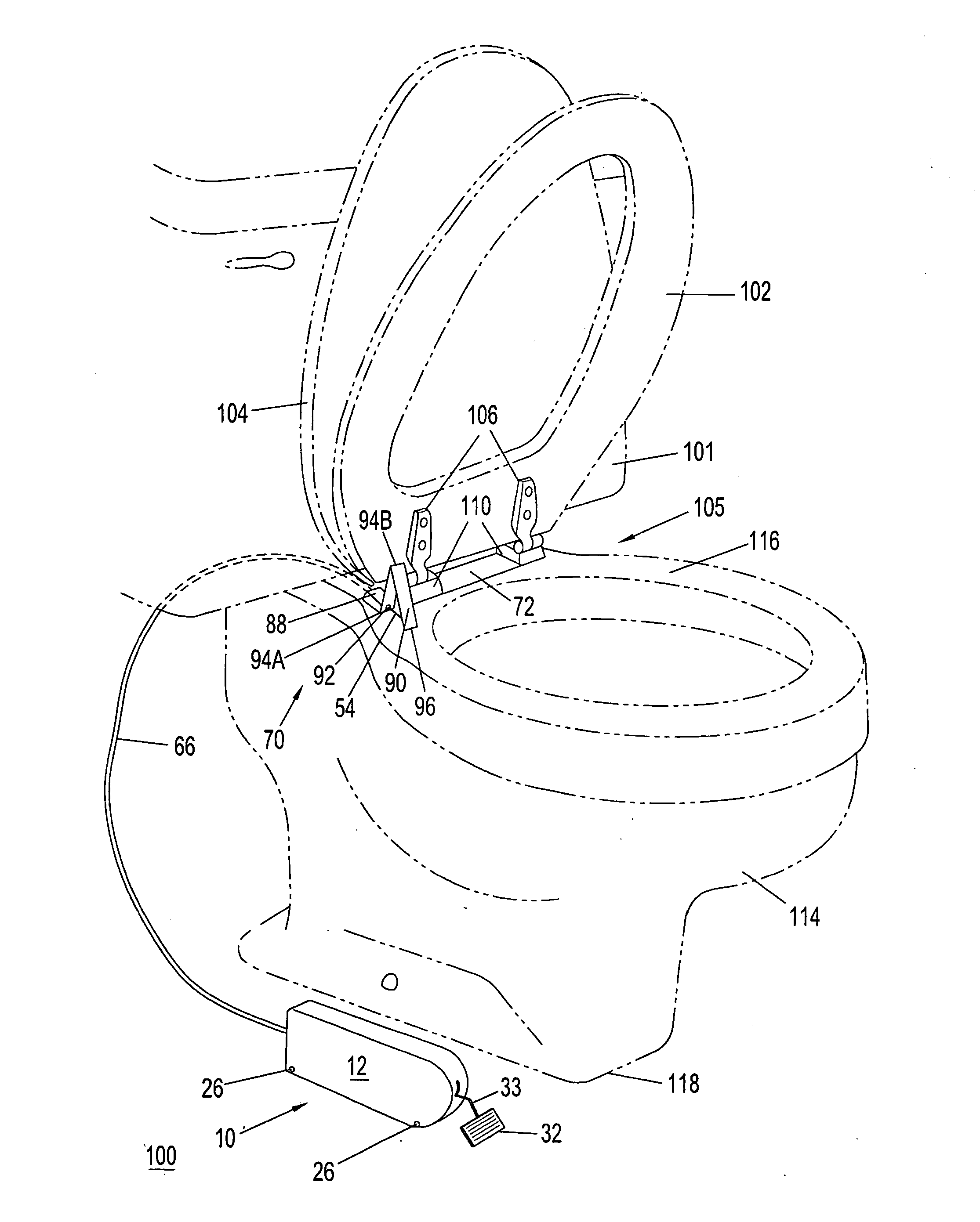 Foot actuated toilet seat lifting and self-lowering mechanism