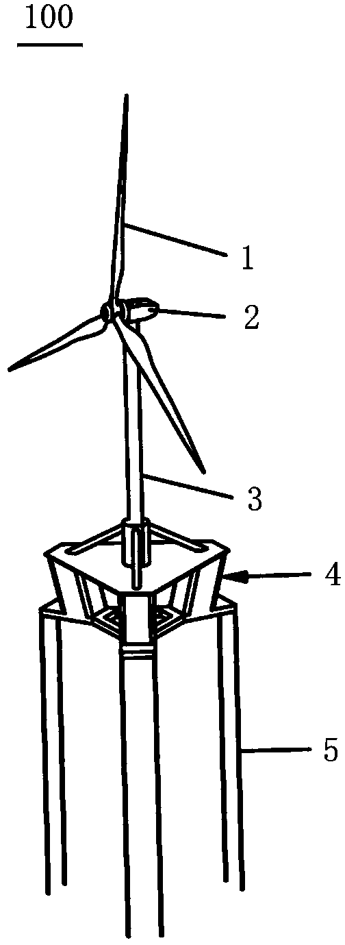 Floating fan base with flare type tension legs, marine wind-driven generator and construction method