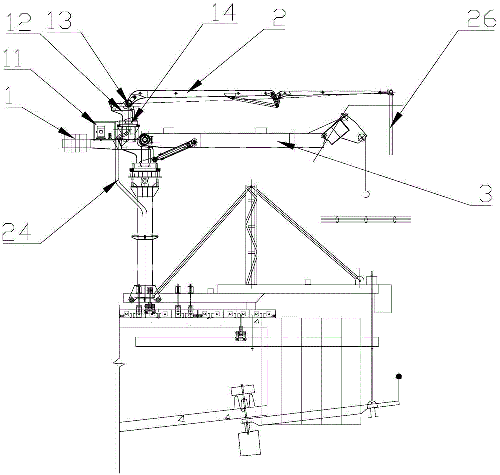 Hydraulic movable hanging basket with hoisting and material distributing functions and construction method thereof