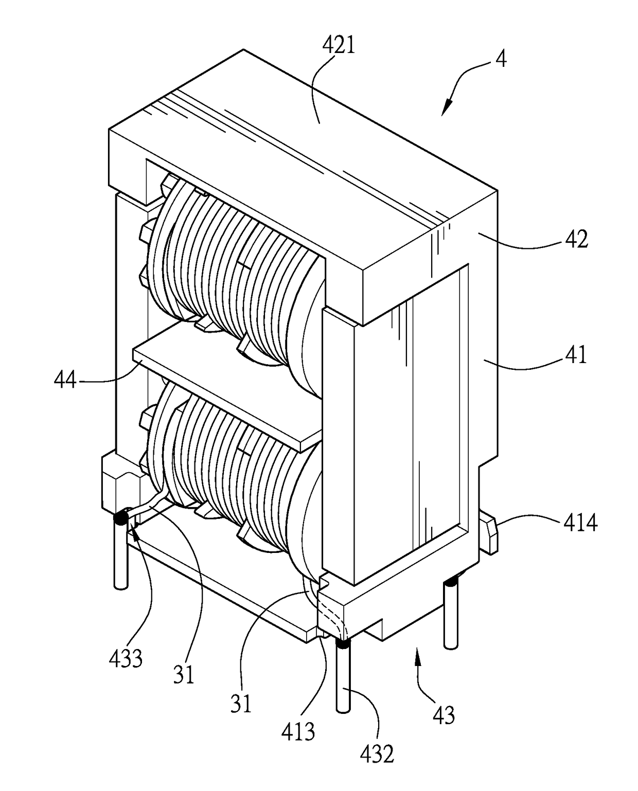 Upright composite common mode coil assembly