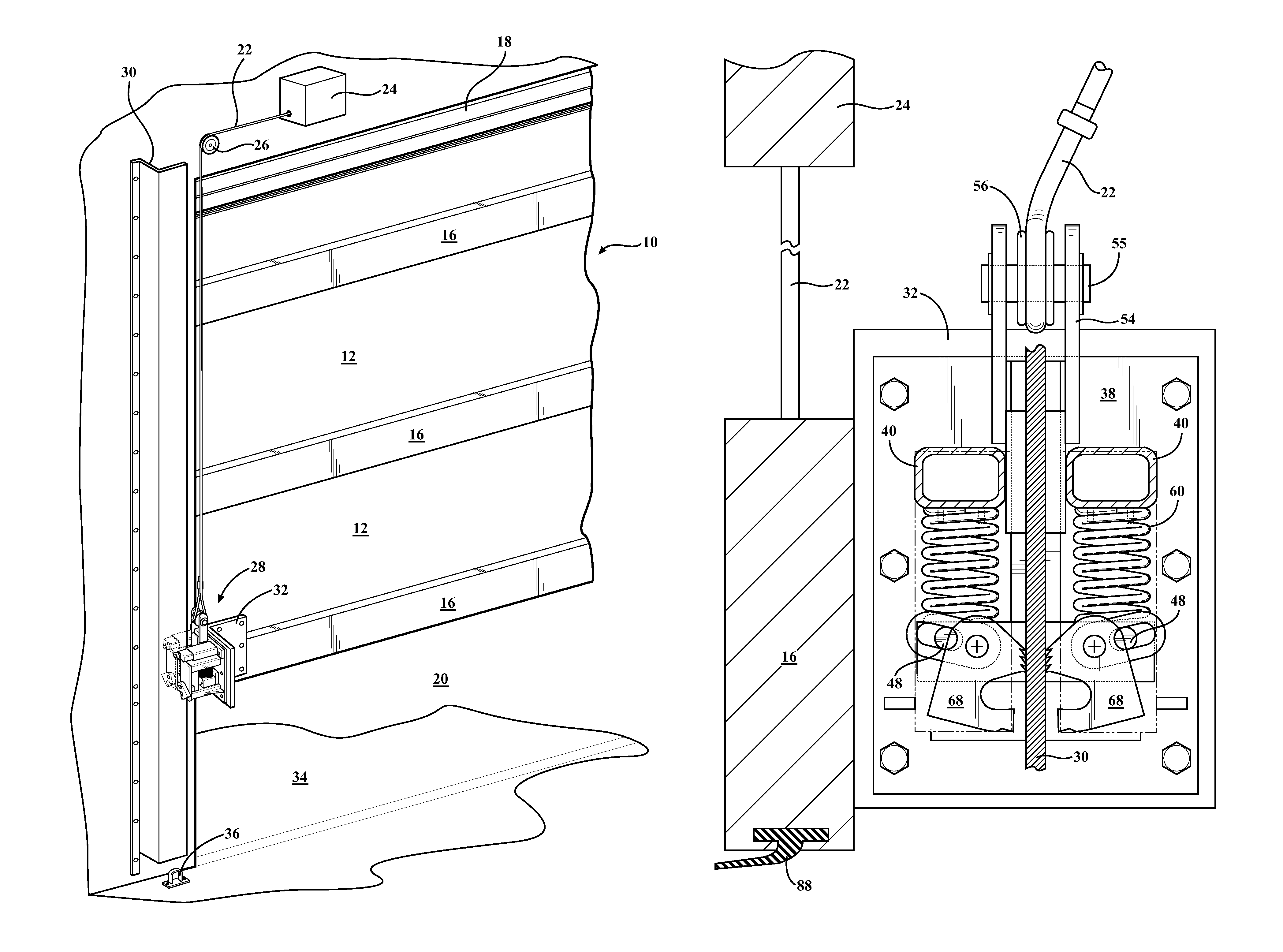 Safety fall arrestor and wind lock for vertical lift doors