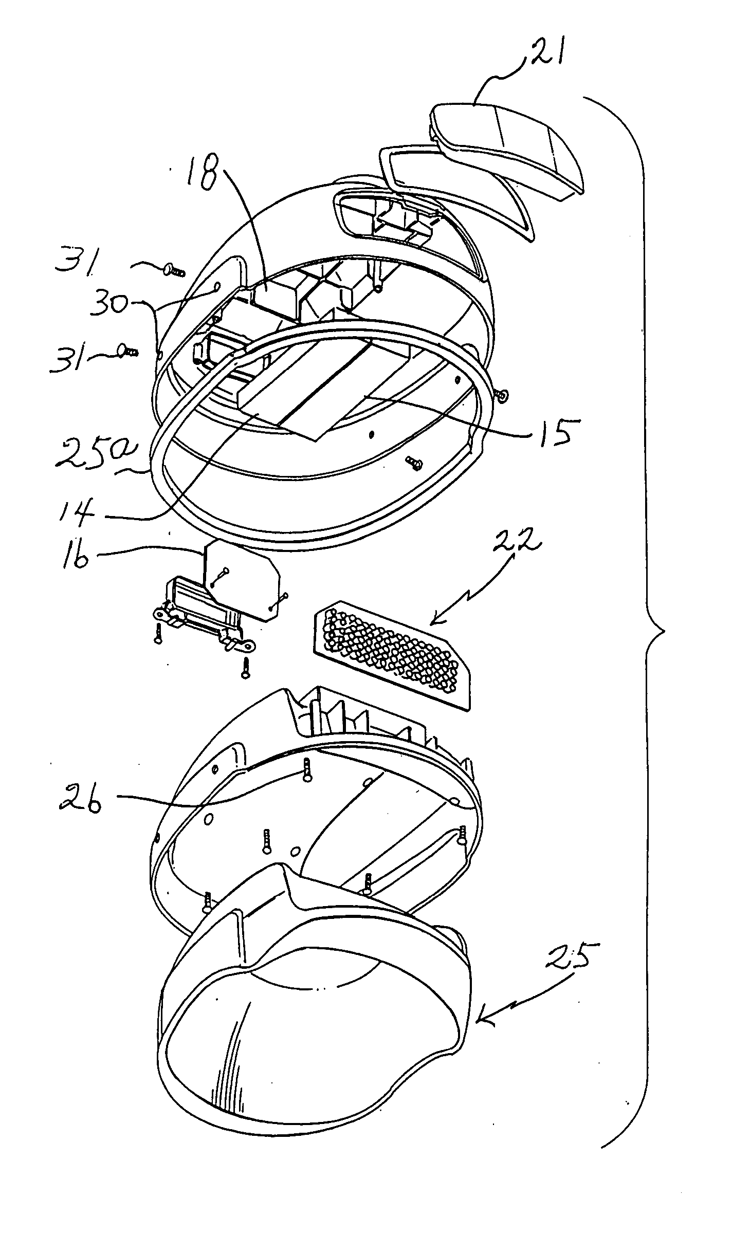 Three-component protective head gear powered by a rechargeable battery