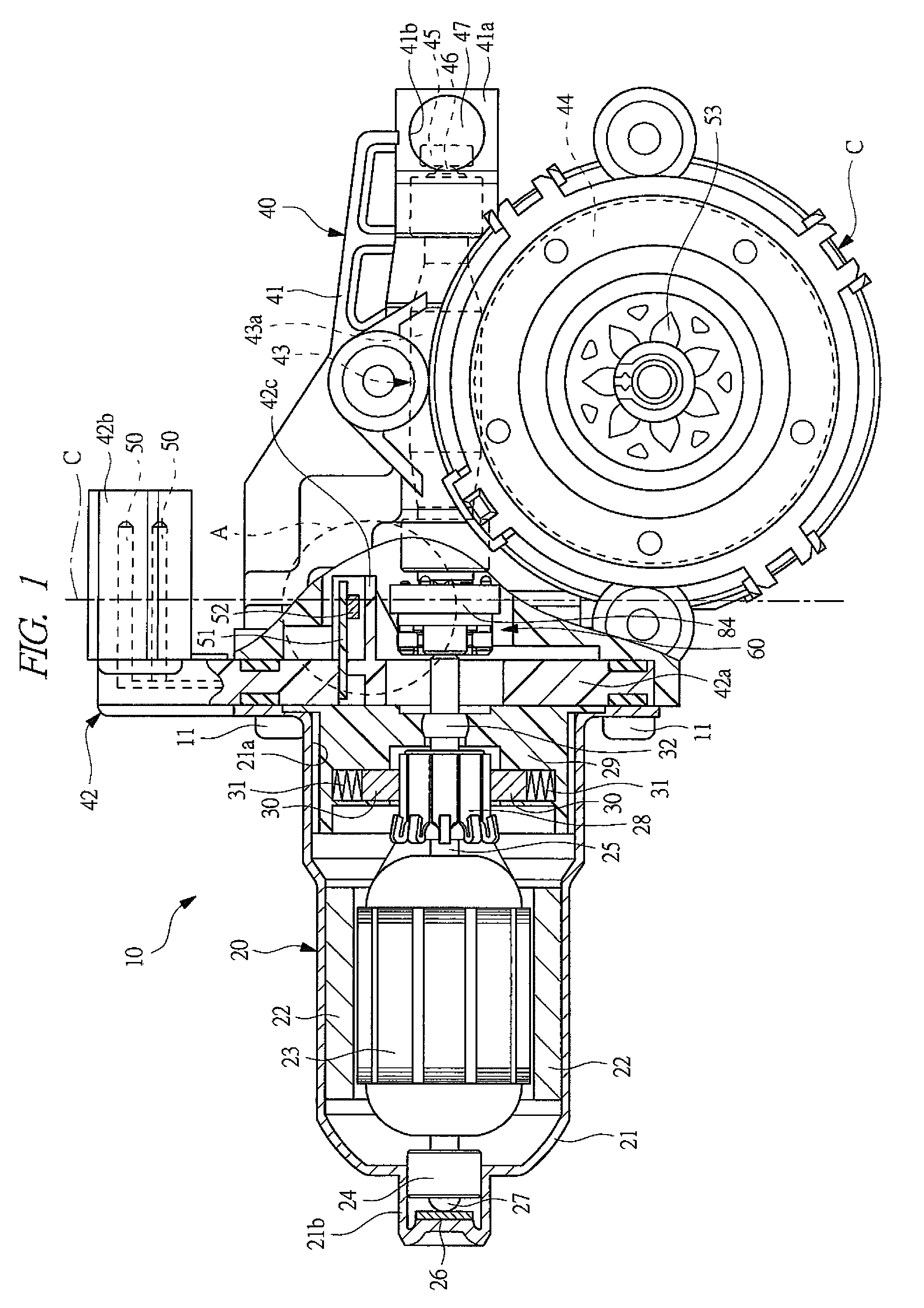 Motor with speed reduction mechanism capable of absorbing axial deviation between armature shaft and worm shaft