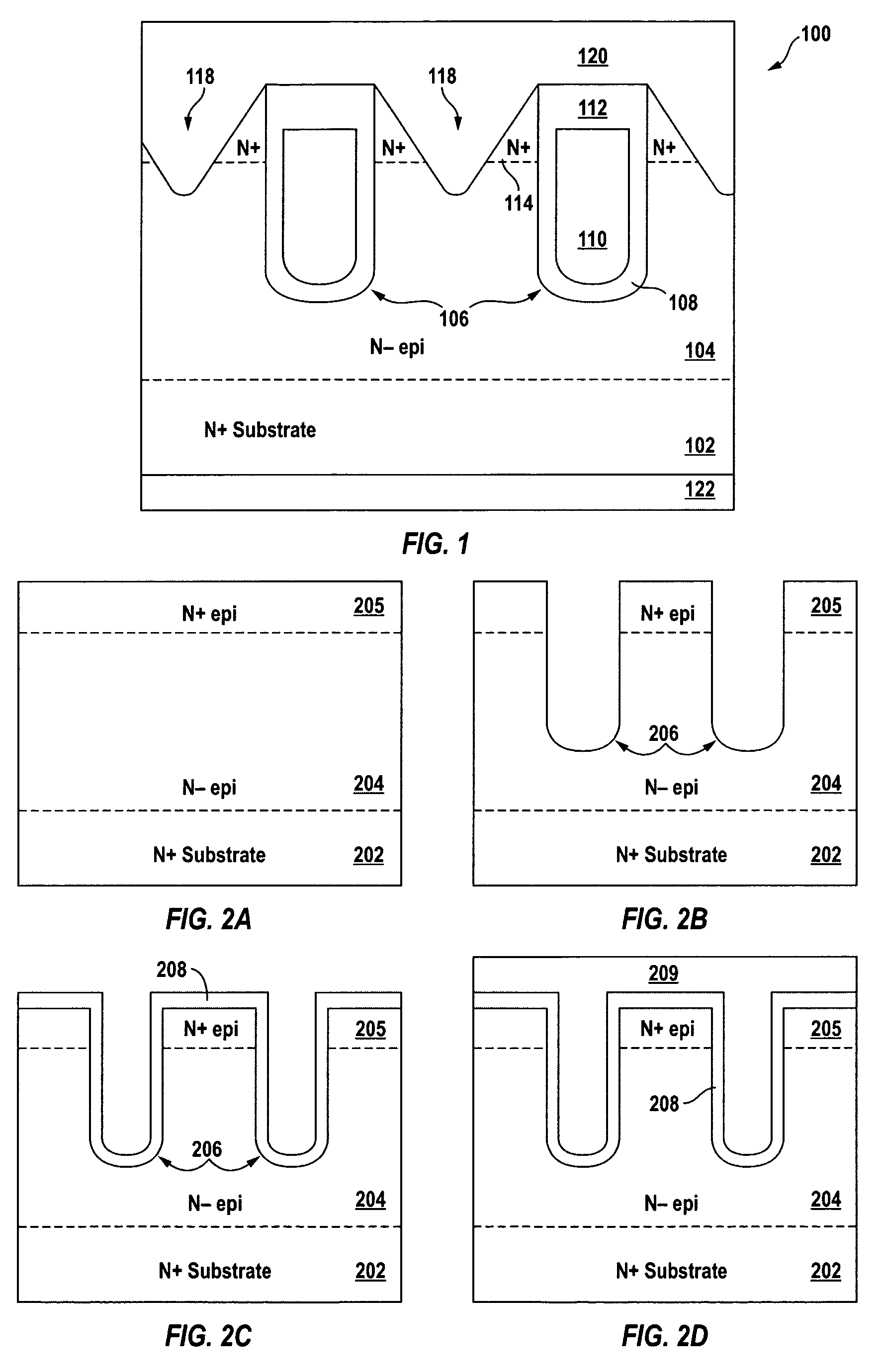 Method of forming trench gate field effect transistor with recessed mesas