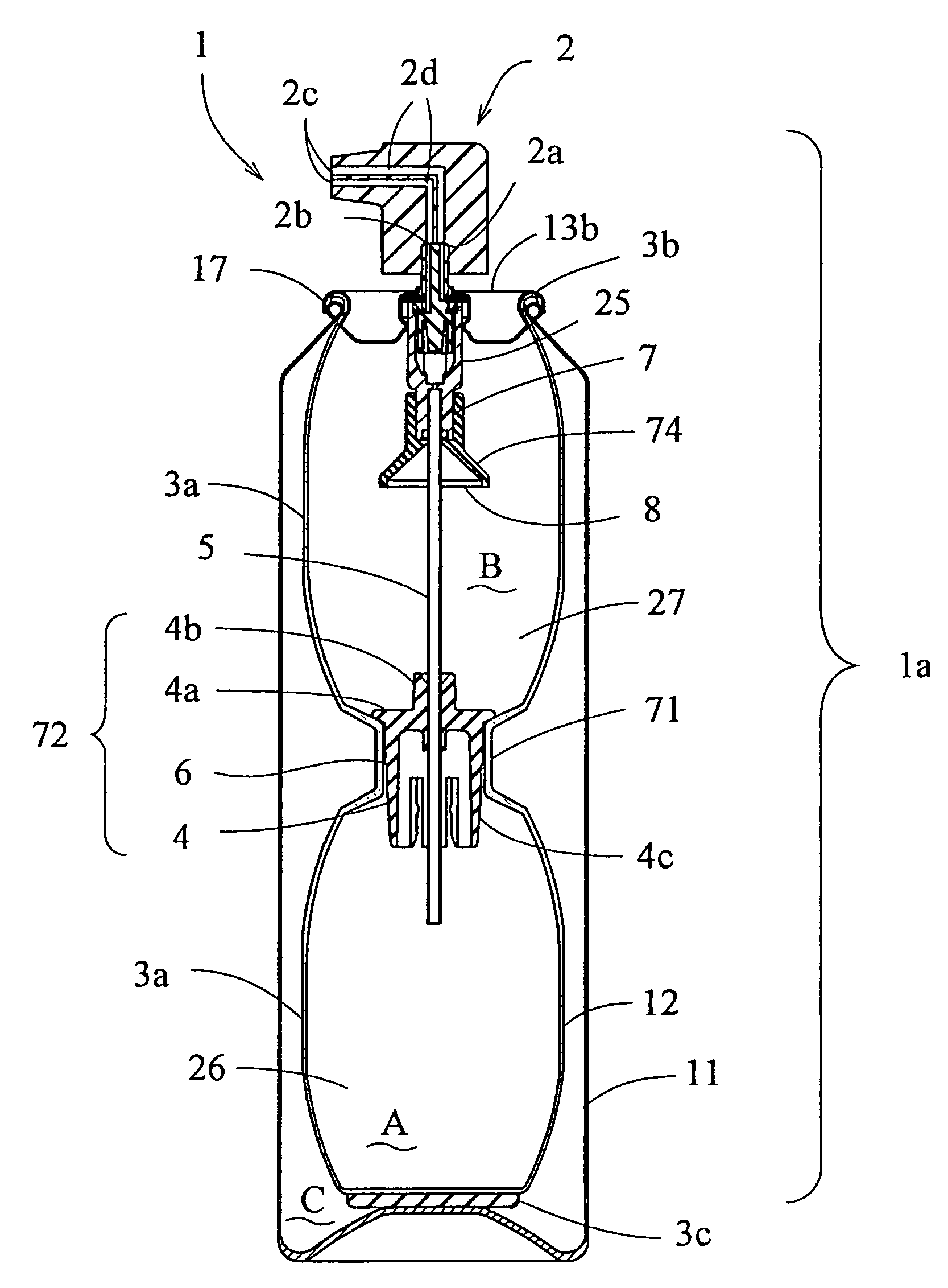 Container for discharging plural contents, a dispenser using the container, and a process for producing the dispenser