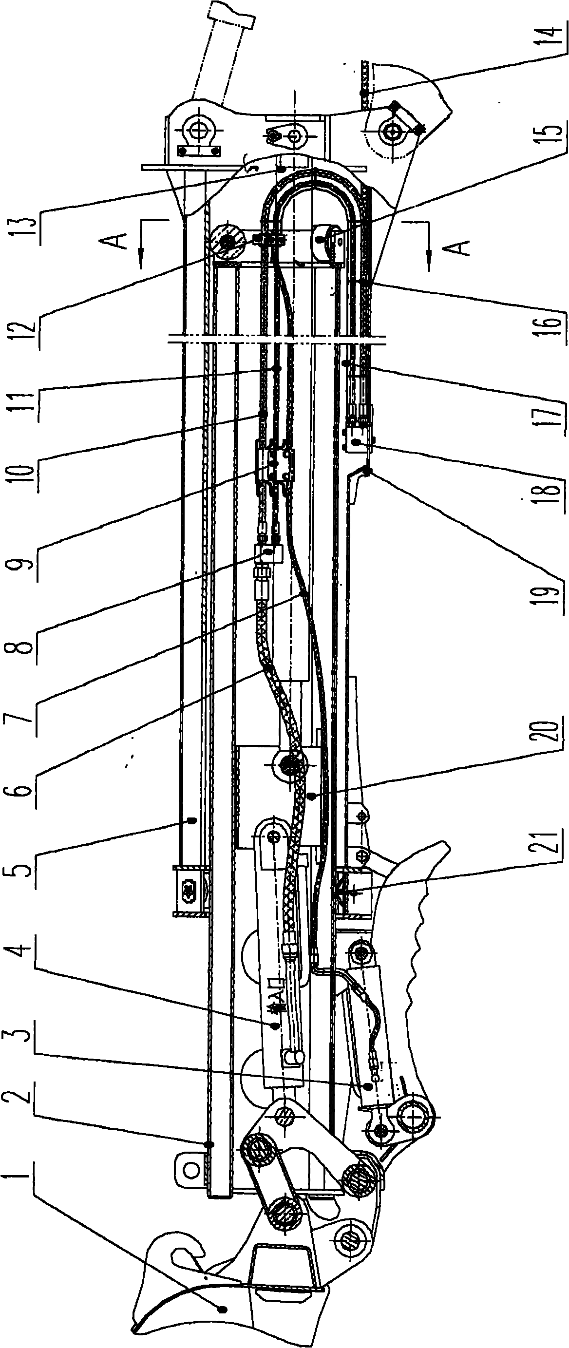 Follow-up mechanism for telescopic digging arm hydraulic pipeline