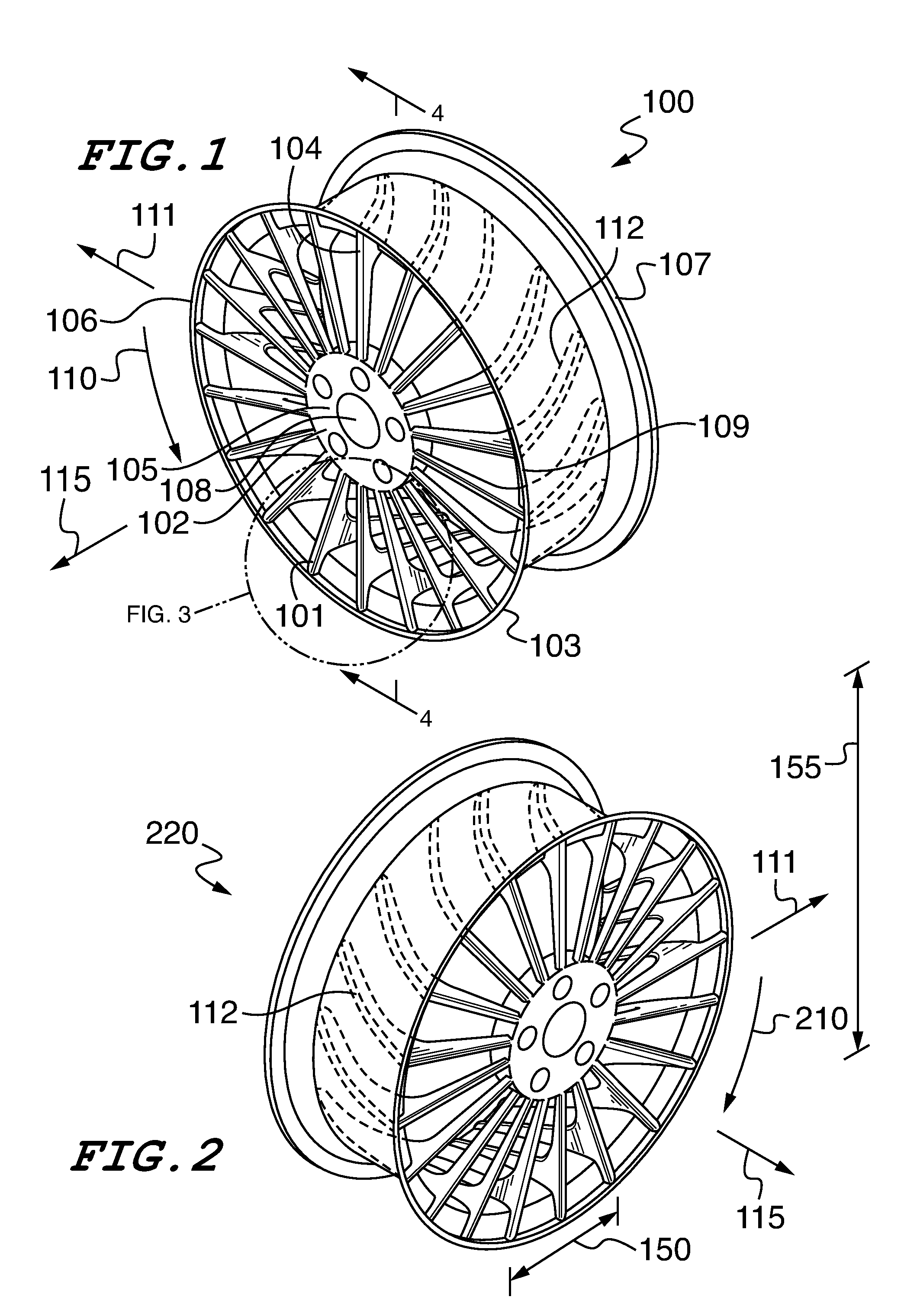 Rim, airless tire and hubcap designs configured to directionally convey air and methods for their use