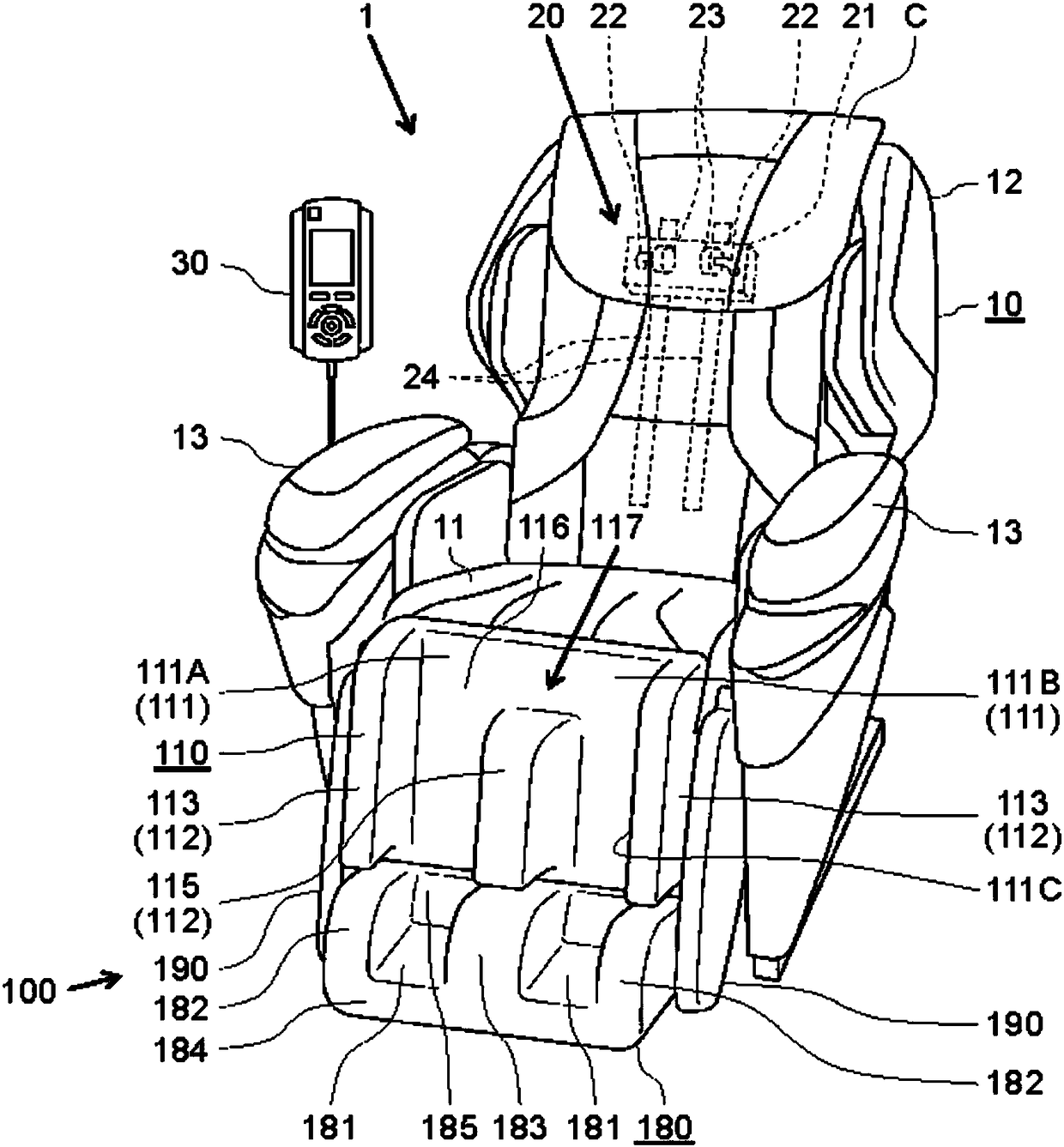 Leg placement part and massage machine equipped with the leg placement part