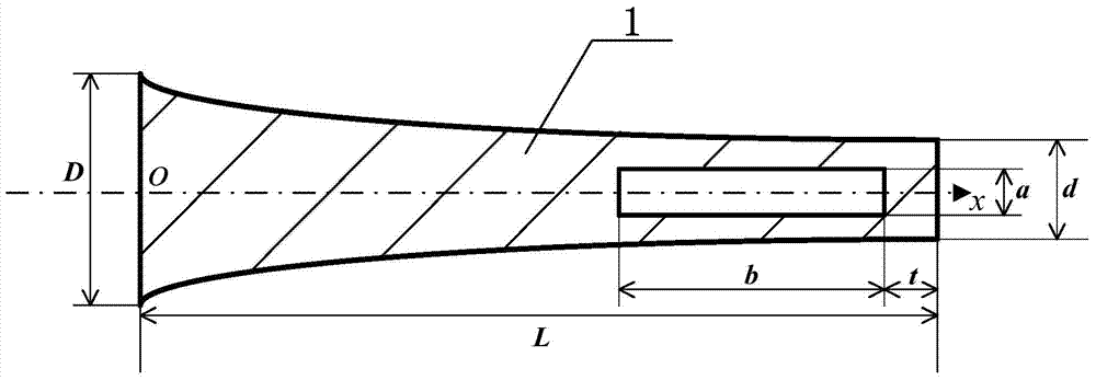 Catenary-shaped ultrasonic longitudinal vibration horn with axial opening at the output end