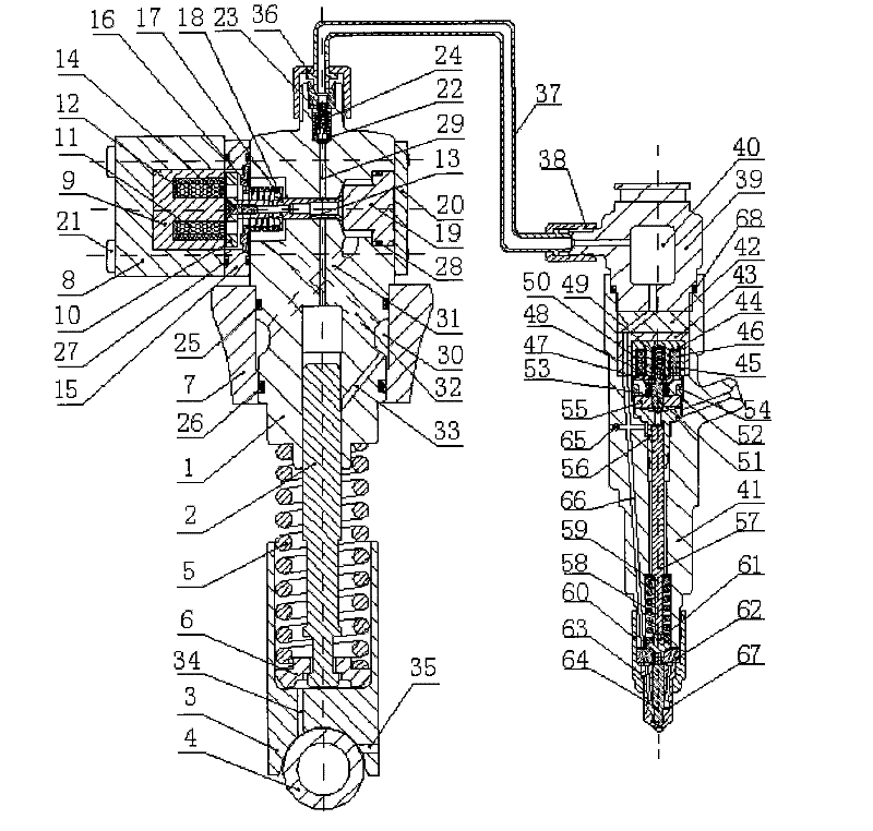 Double-valve fuel injecting device with electric-control monoblock pump and electric-control fuel injector