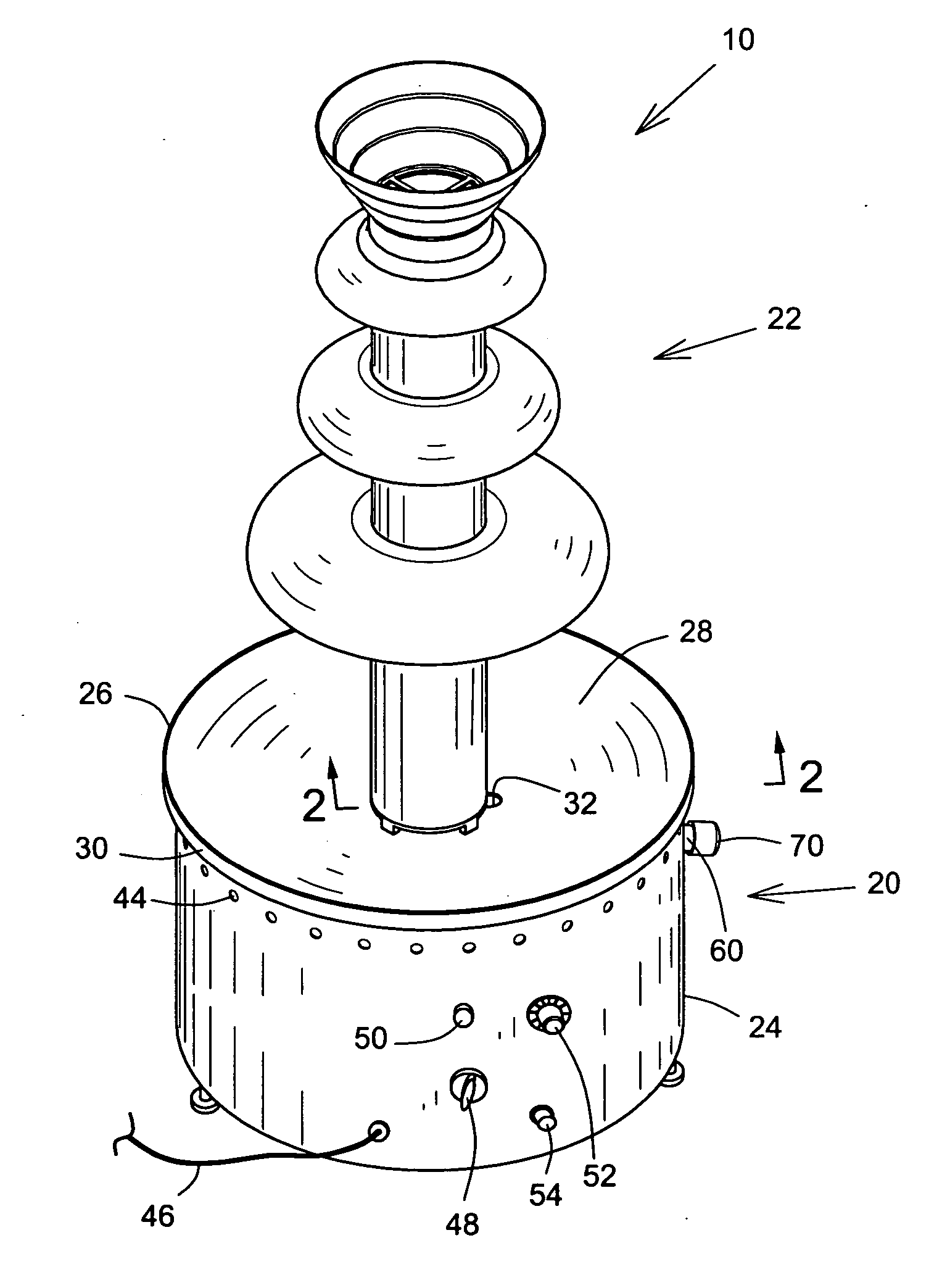 Chocolate fountain apparatus with output port