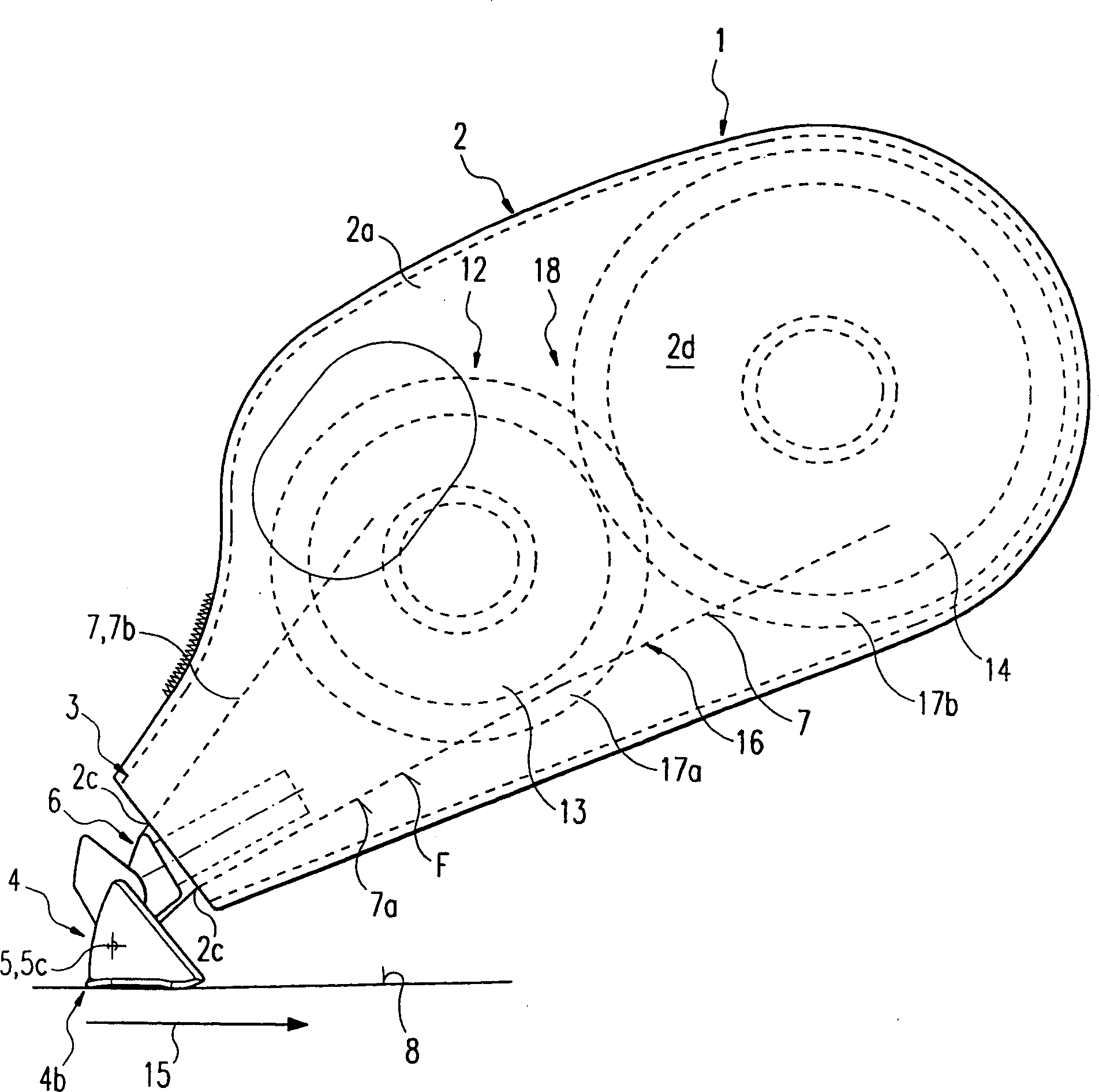 Hand-held device for applying film, for example, of adhesive, covering or coloured material from backing tape onto substrate