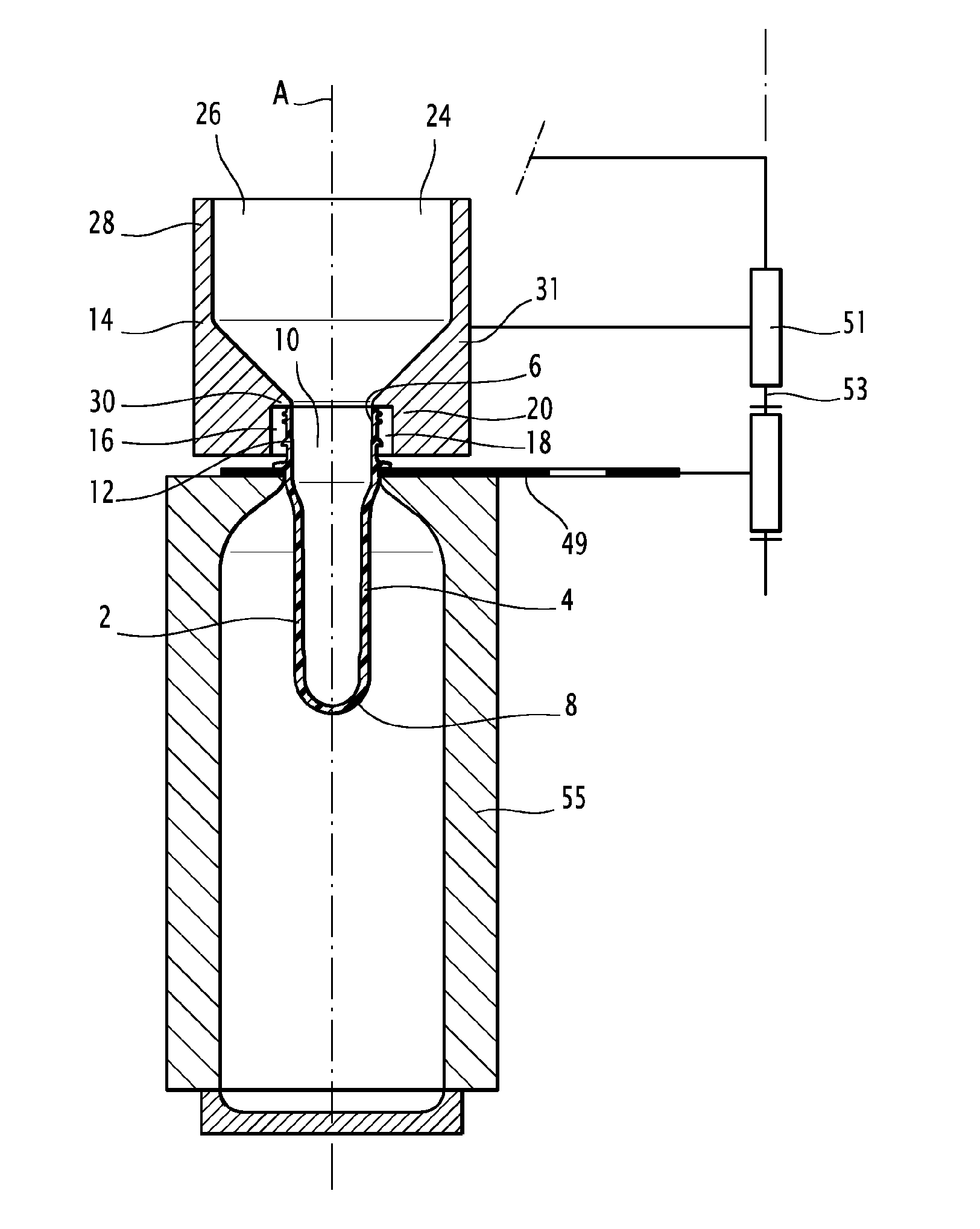 Extension device for the neck of a container formed in a machine for forming containers from preforms