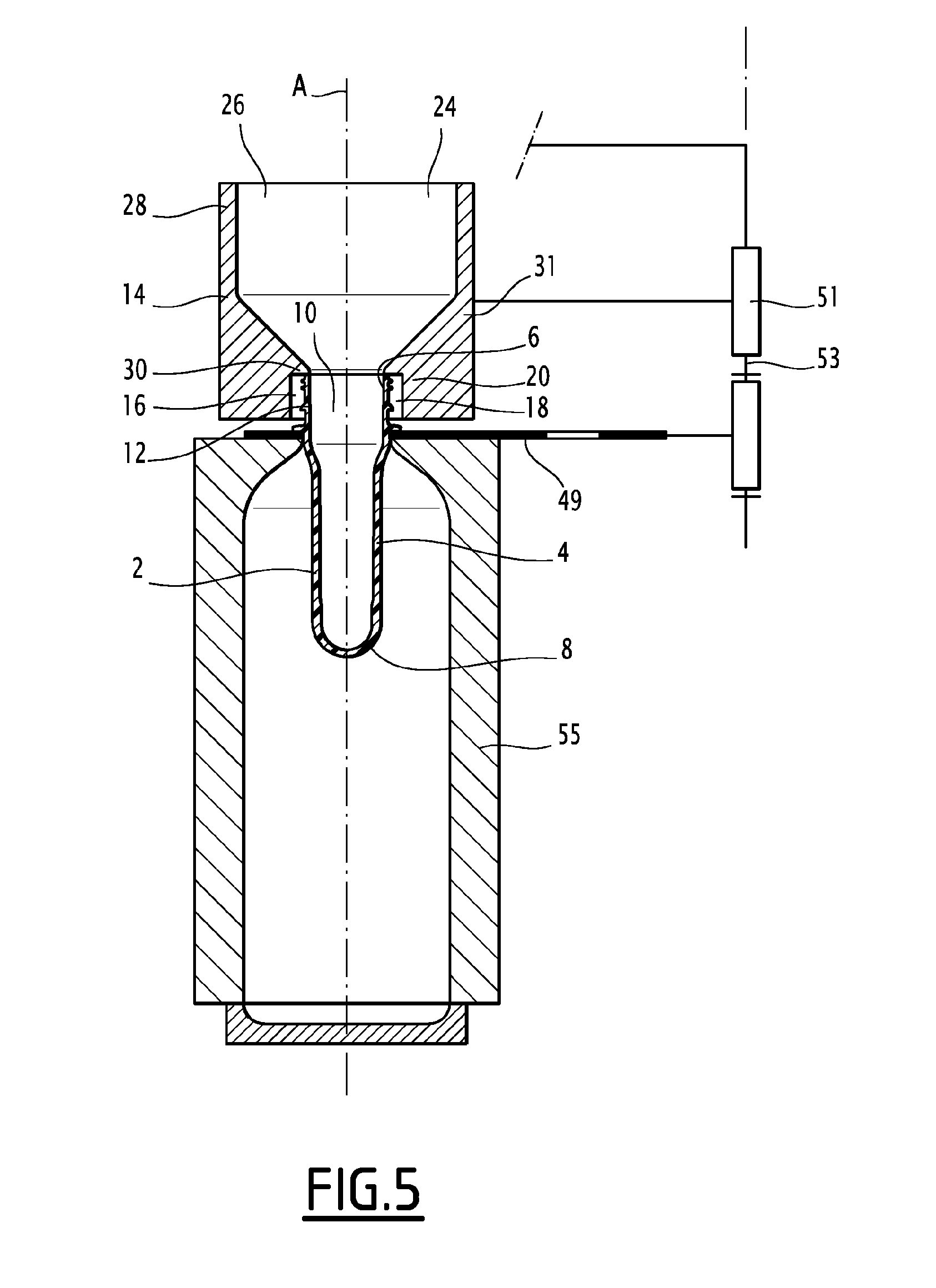 Extension device for the neck of a container formed in a machine for forming containers from preforms