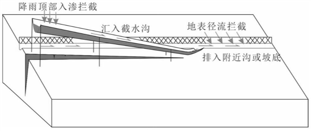 Interception and drainage structure and method for deep and large crack part of rock slope body earth surface