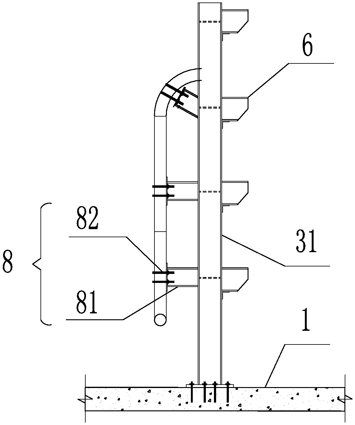 Super-high-level pump pipe gap bridge device and construction method thereof