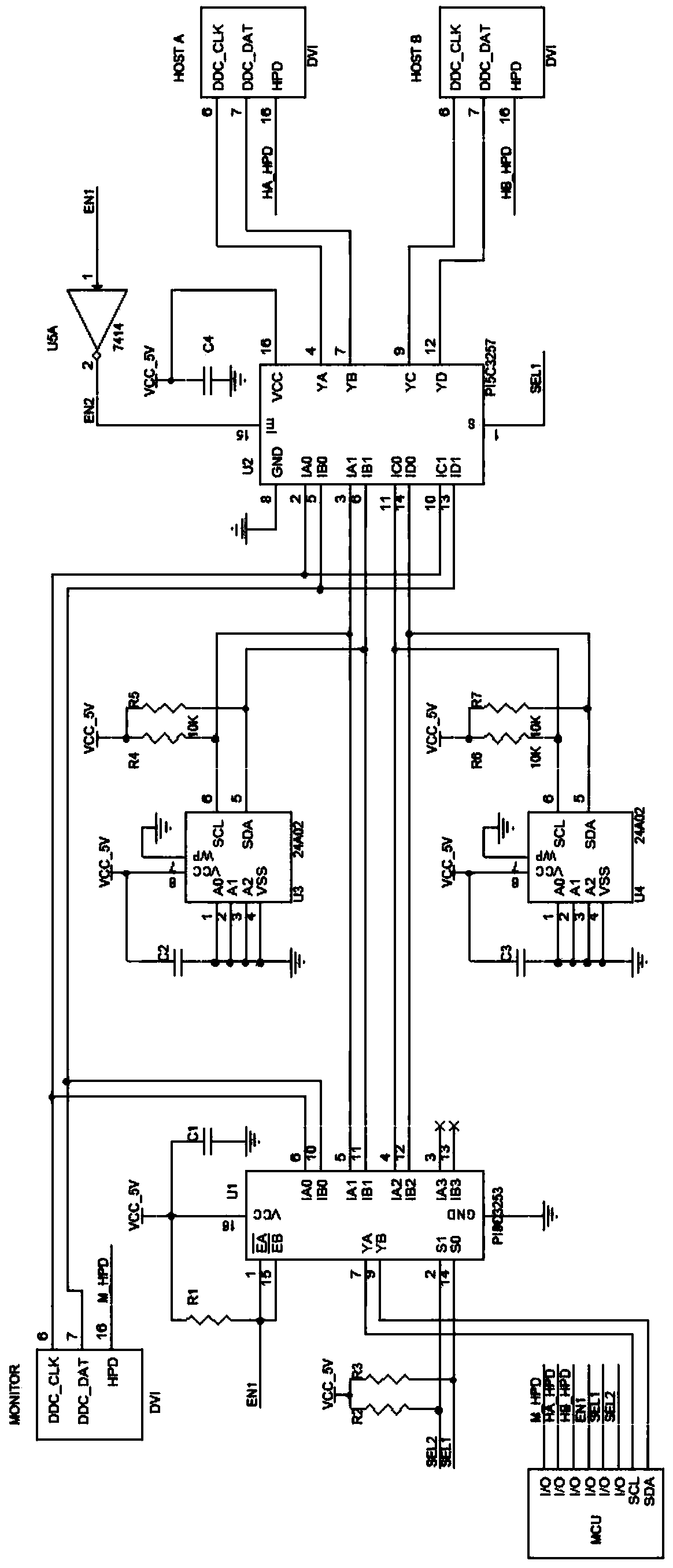 Digital display circuit in double-machine KVM (keyboard, video and mouse) sharing device