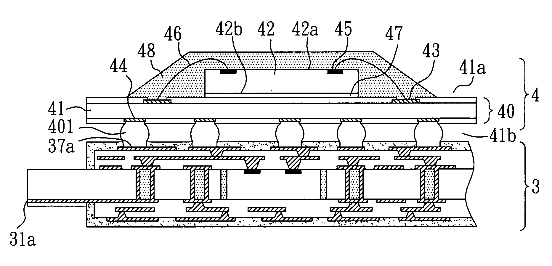 Stacked package module and board having exposed ends
