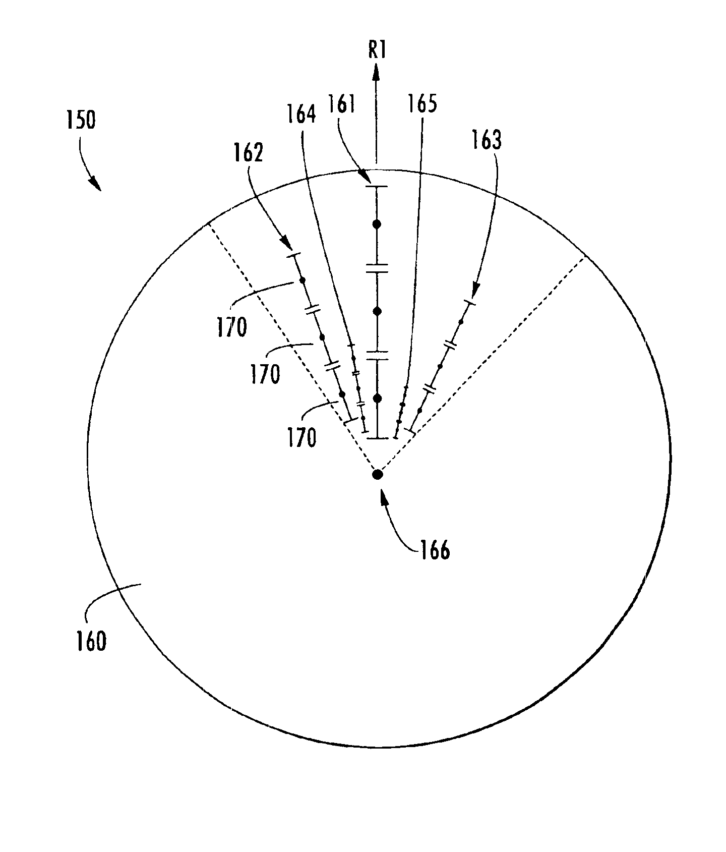 Multiband radially distributed phased array antenna with a sloping ground plane and associated methods